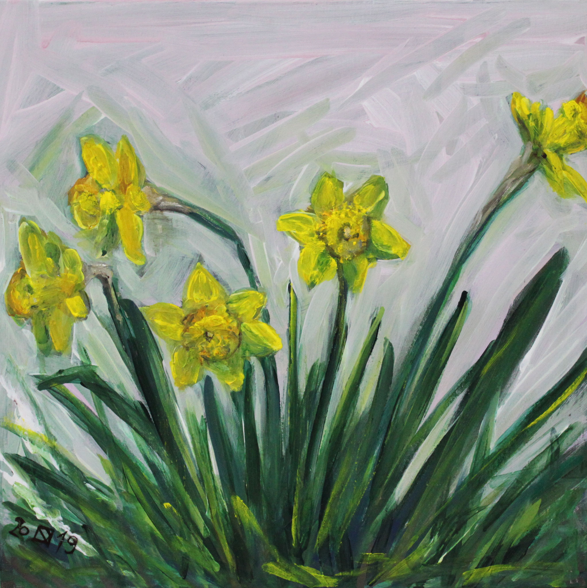 Narzissen, 2019, Acryl und Öl auf Leinwand, 50 cm x 50 cm x 3,5 cm