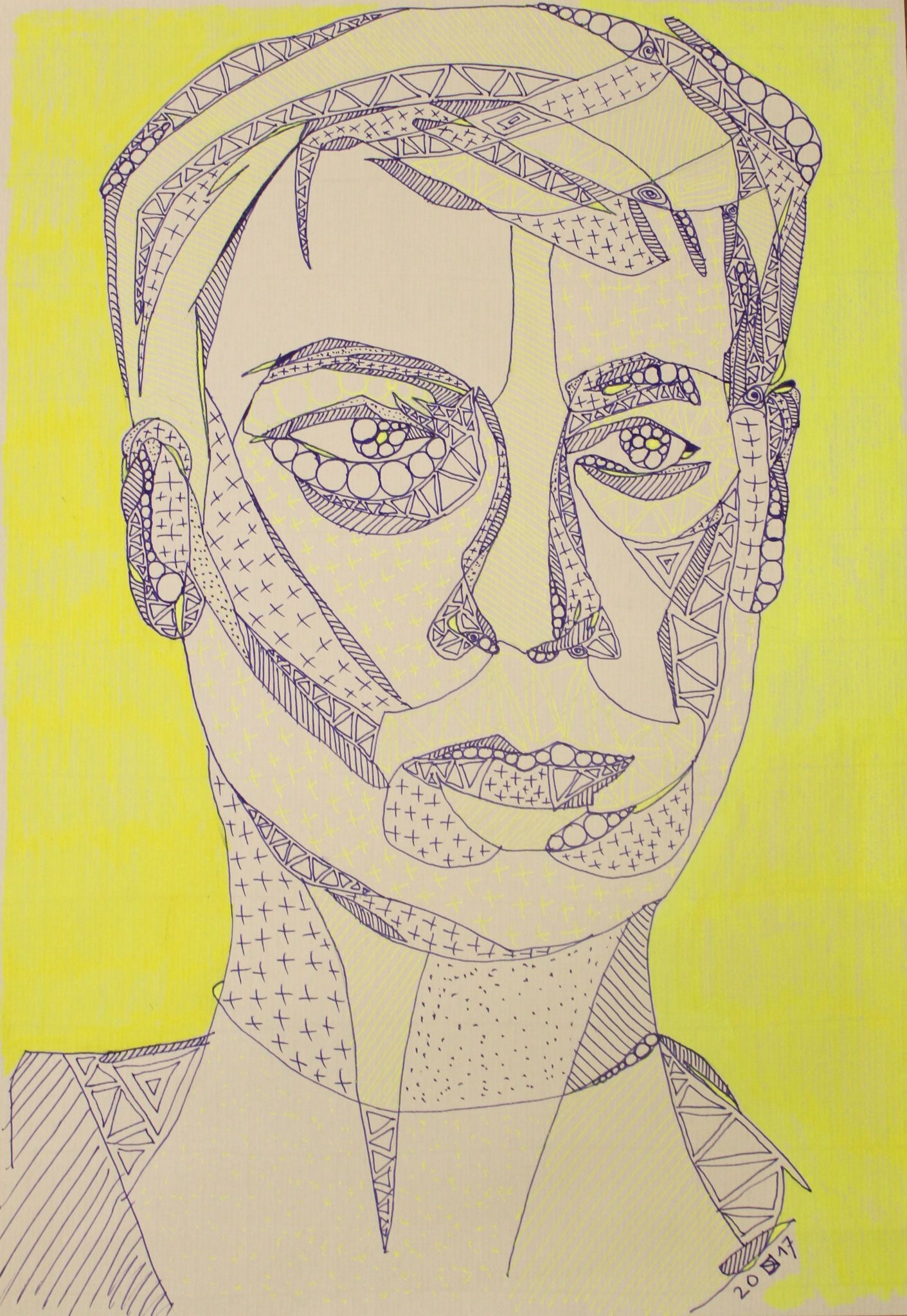 Junger Mann in gelb, Fineliner und Highlighter auf Papier, 42 cm x 29 cm, 2017