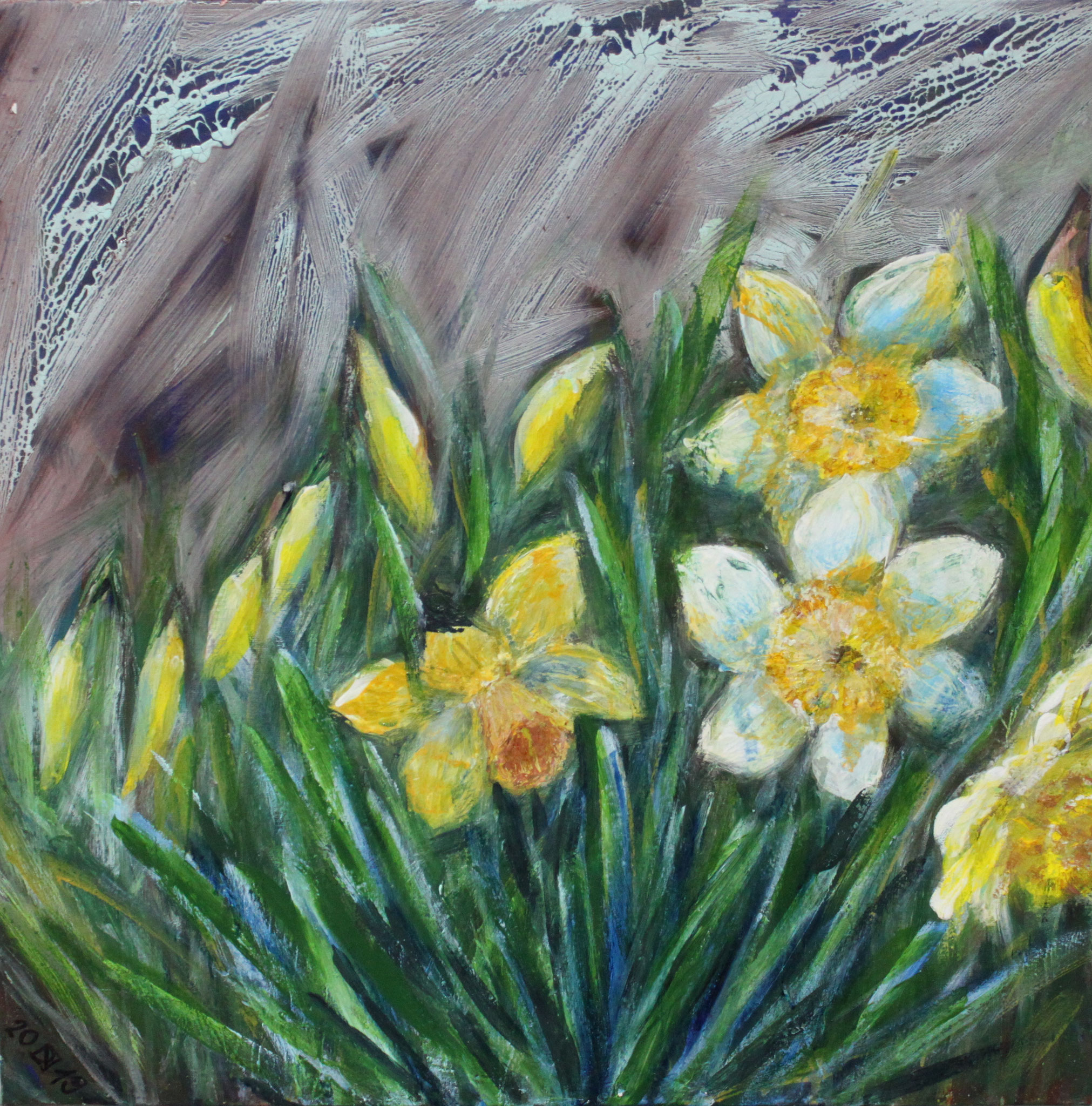 Narzissen, 2019, Acryl und Öl auf Leinwand, 50 cm x 50 cm x 3,5 cm