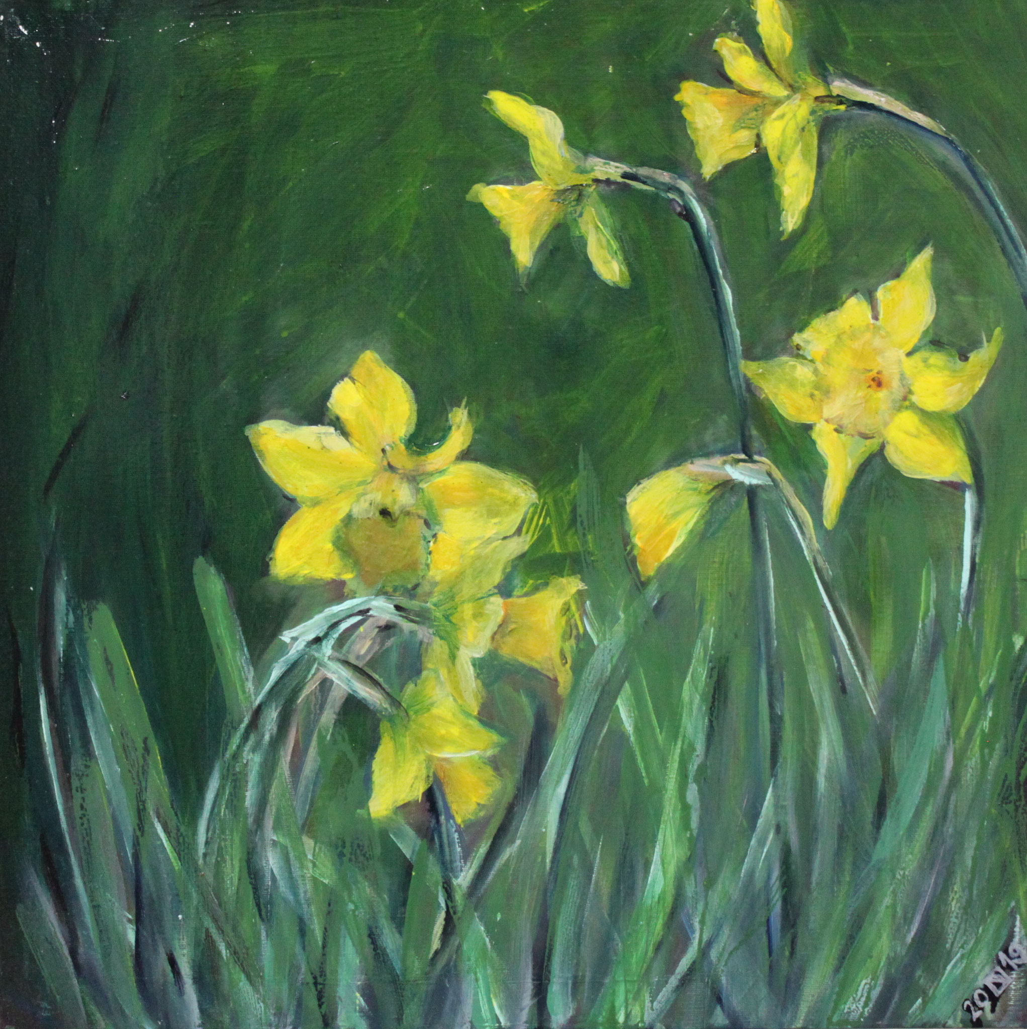 Narzissen, 2019, Acryl und Öl auf Leinwand, 50 cm x 50 cm x 3,5 cm