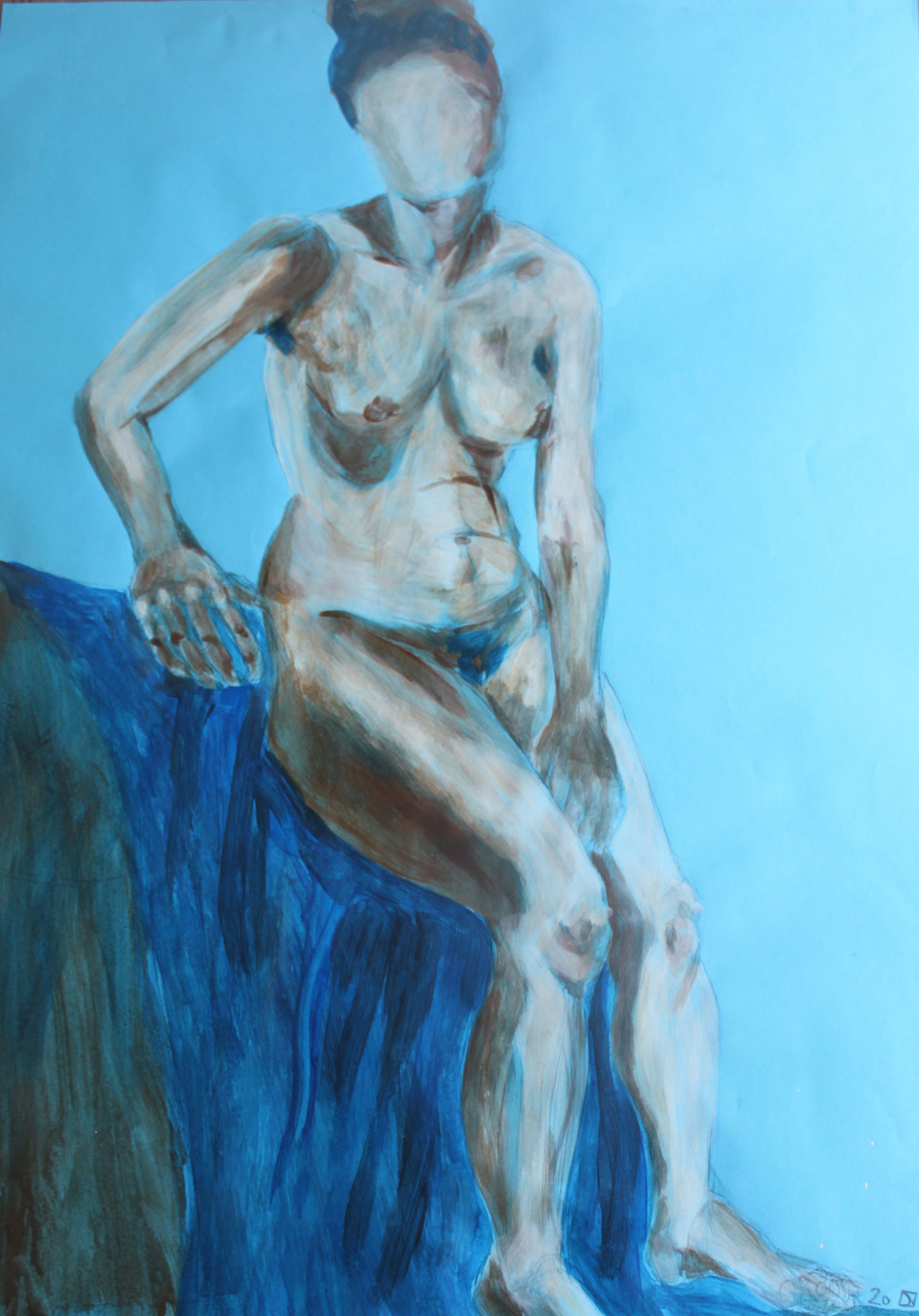 Frau auf blauem Samt, Ei-Tempera auf Papier; 69,5 cm x 50 cm
