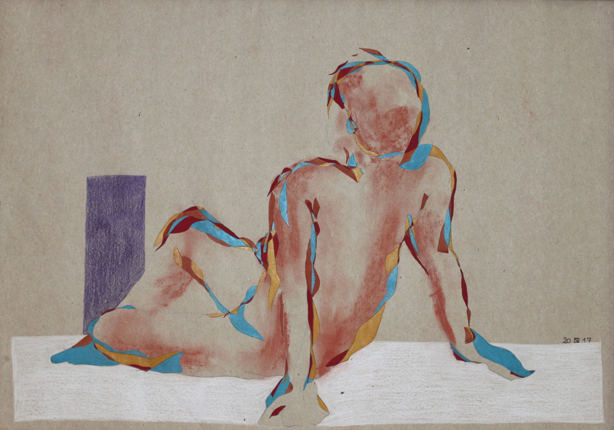 Vor der lila Säule, Aquarell und Buntstift auf Papier, 2017, 42 cm x 59 cm