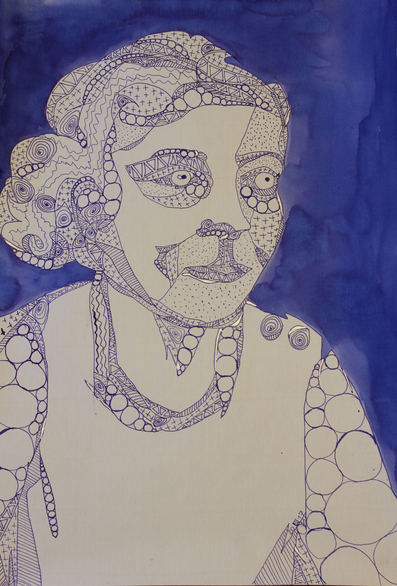 Draht-Luise, Tinte, Fineliner und Silbertinte auf Papier, 42 cm x 29 cm, 2017