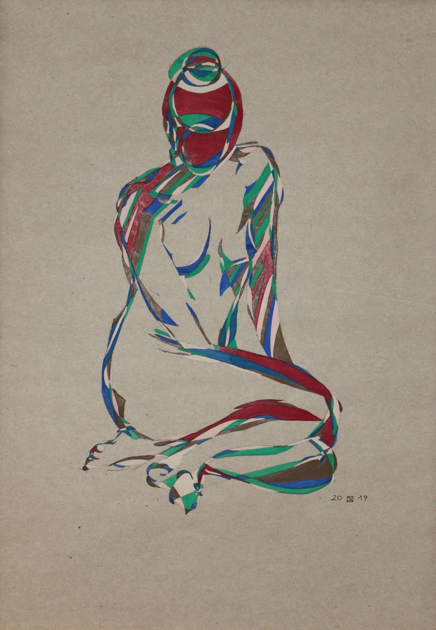 Mädchen mit der roten Maske, Aquarell und Buntstift auf Papier, 2017, 59 cm x 42 cm