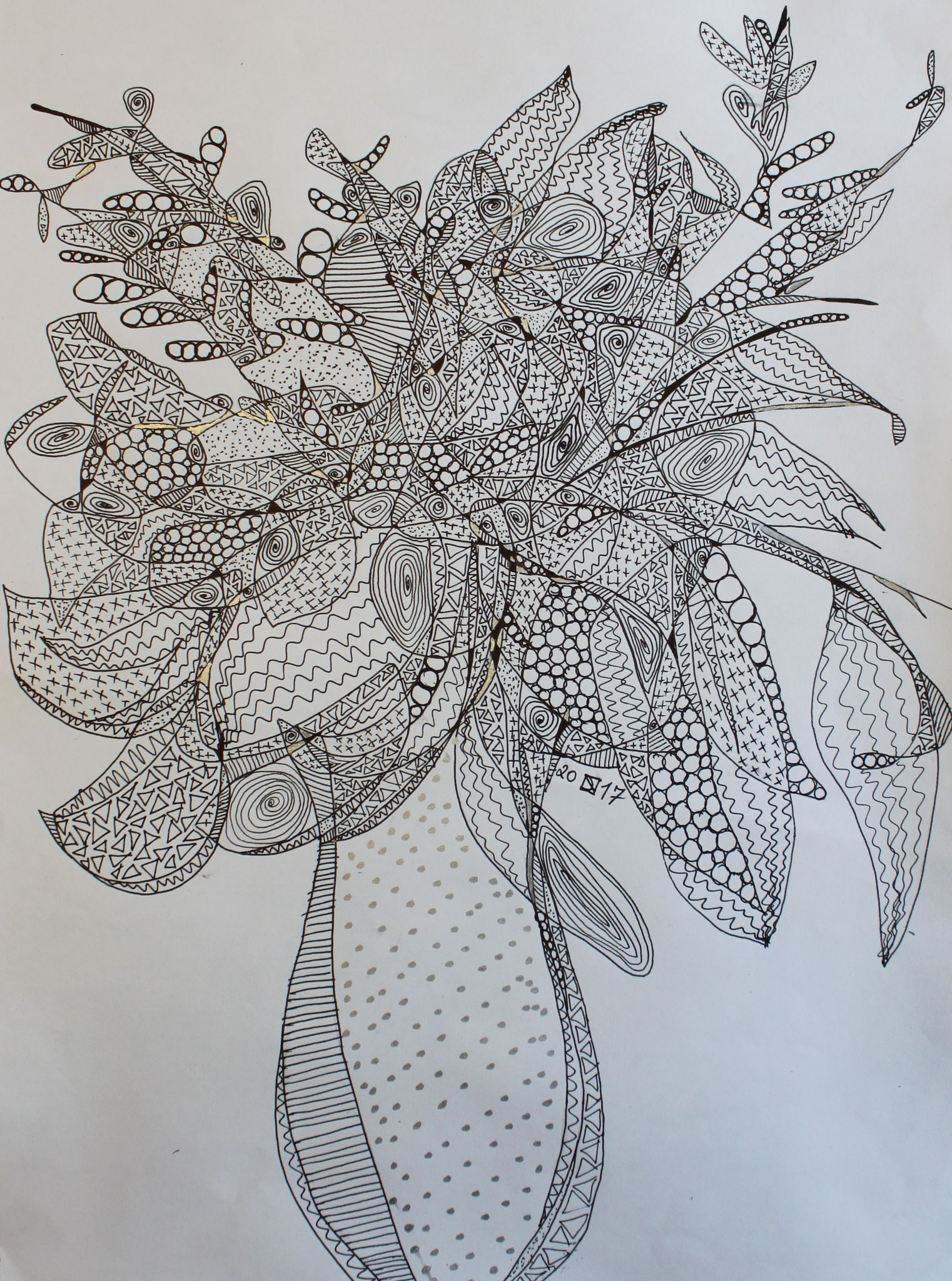 Drahtblumen, Fineliner und Silbertinte auf Papier, 42 cm x 29 cm, 2017