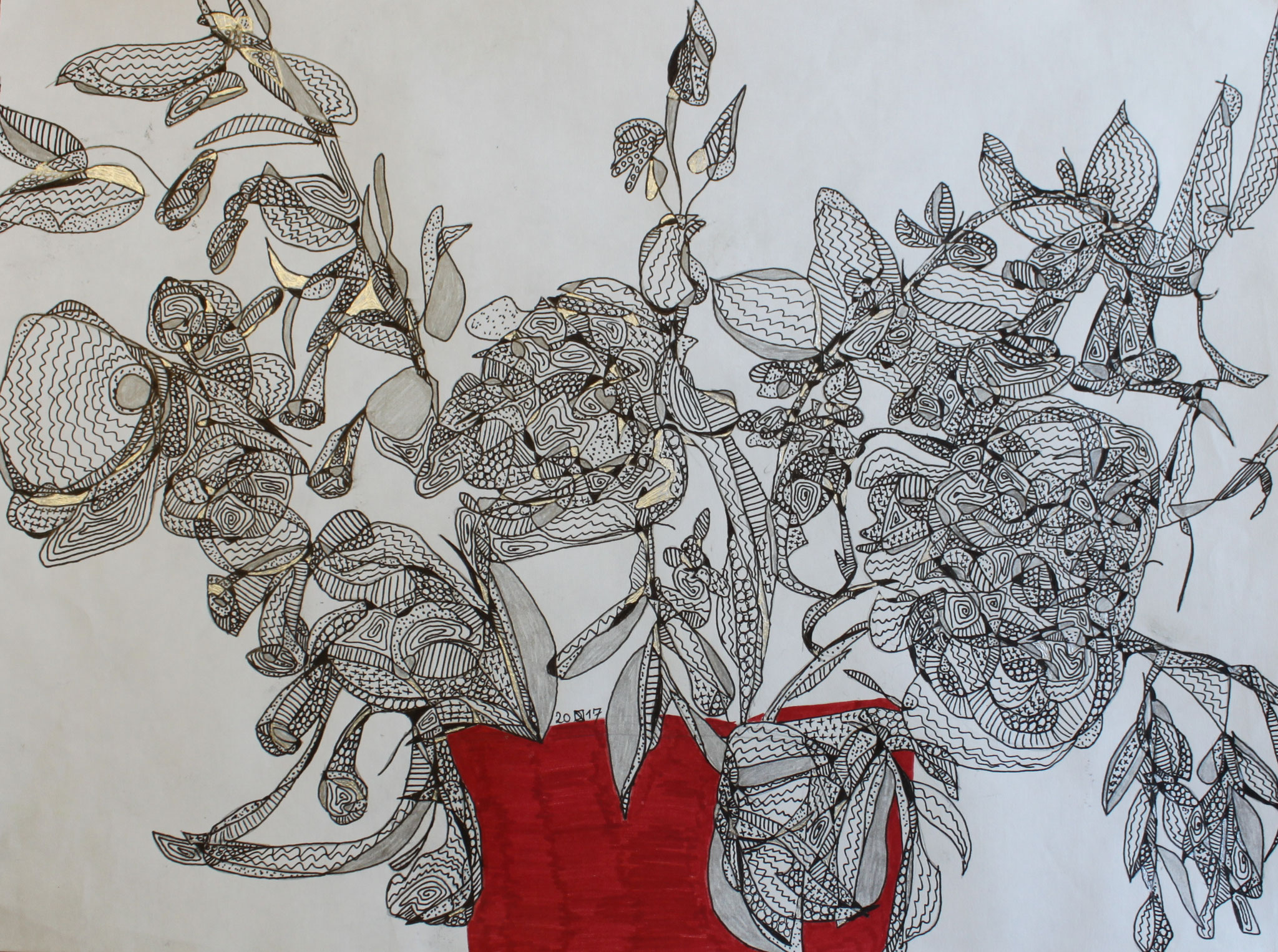 Drahtblumen in roter Vase, Fineliner, Silbertinte  und Filzstift auf Papier, 29 cm x 42 cm, 2017