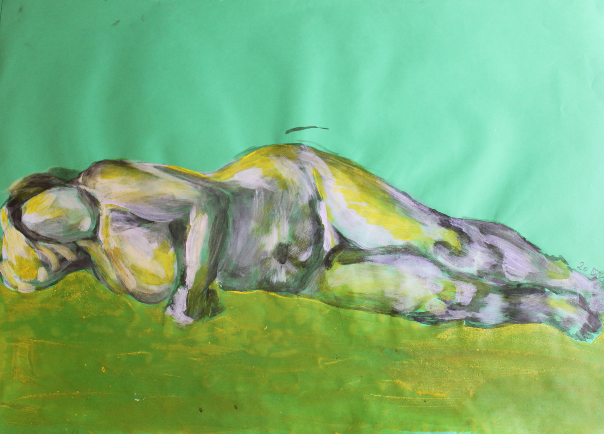 Grüne Frau liegend, Tempera und Kohle auf Papier, 2018, 50 cm x 69,5 cm