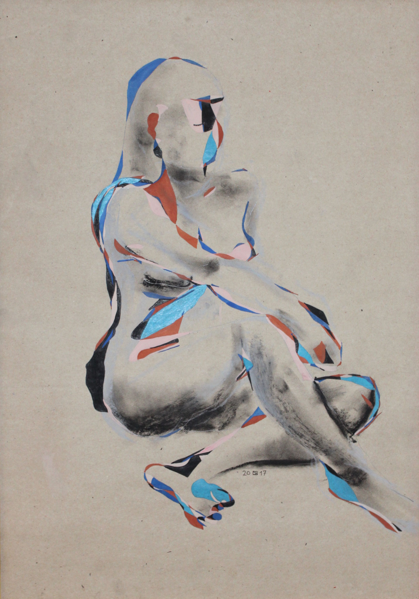 Mädchen sitzend blau, Aquarell und Buntstift auf Papier, 2017, 59 cm x 42 cm