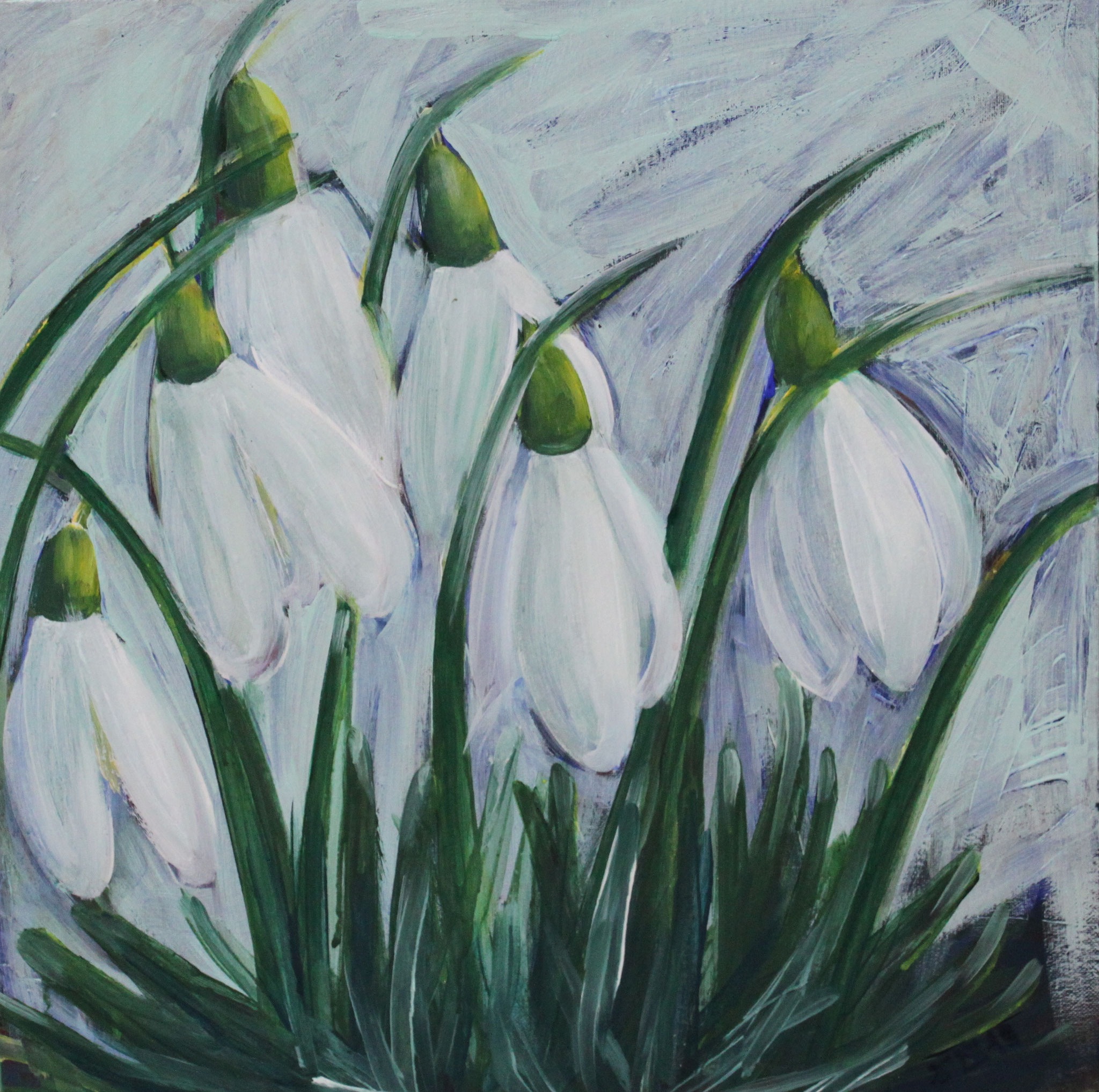 Schneeglöckchen, 2019, Acryl und Öl auf Leinwand, 50 cm x 50 cm x 3,5 cm