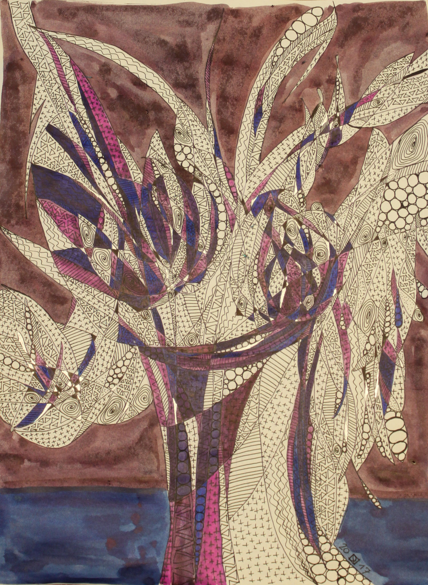 Drahtblumen violett, Tinte und Fineliner auf Papier, 42 cm x 29 cm, 2017
