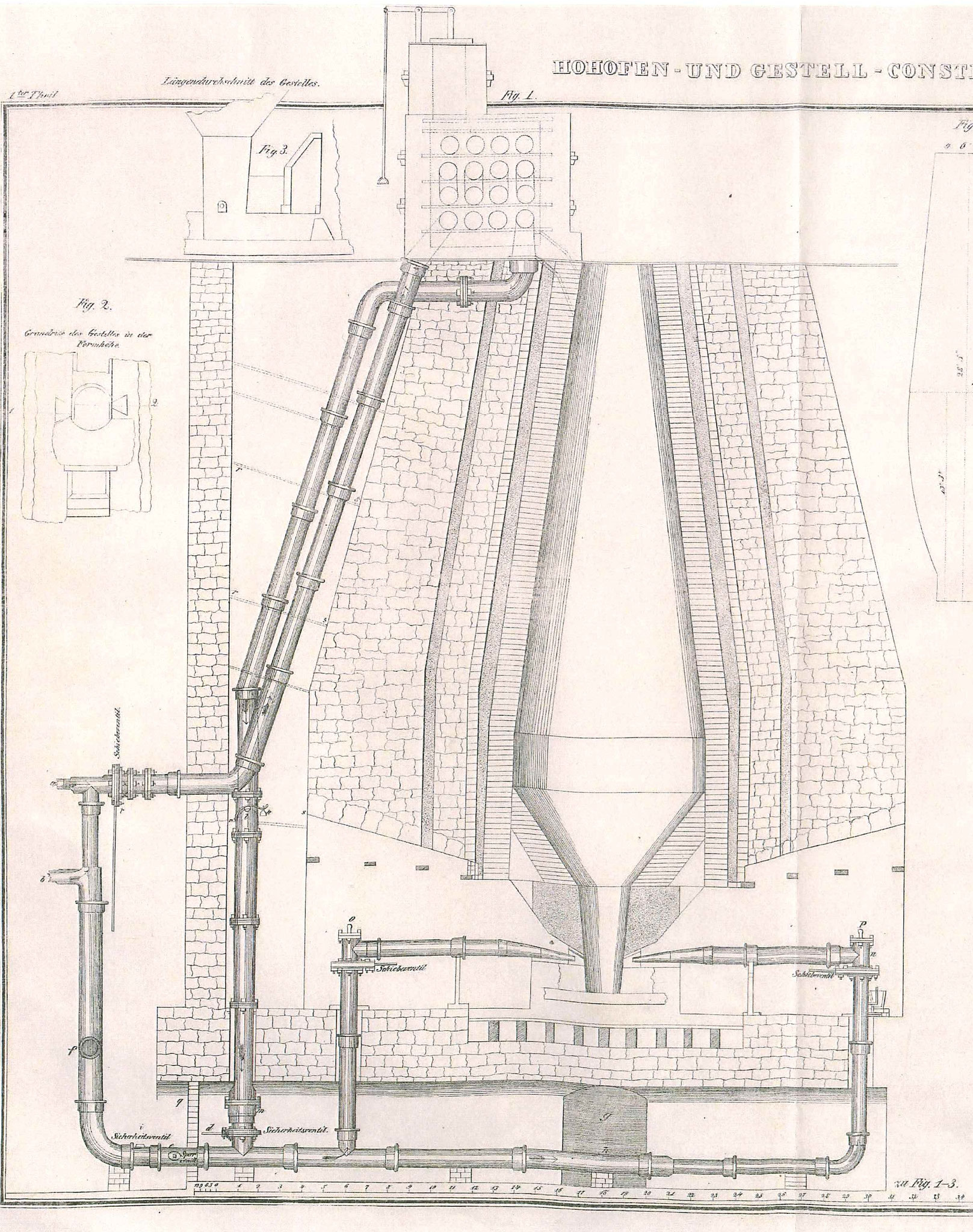 Zeichnung des Hochofens mit Röhren-Winderhitzer und Rohrsystem zum Einblasen der Luft von unten in den Hochofen.