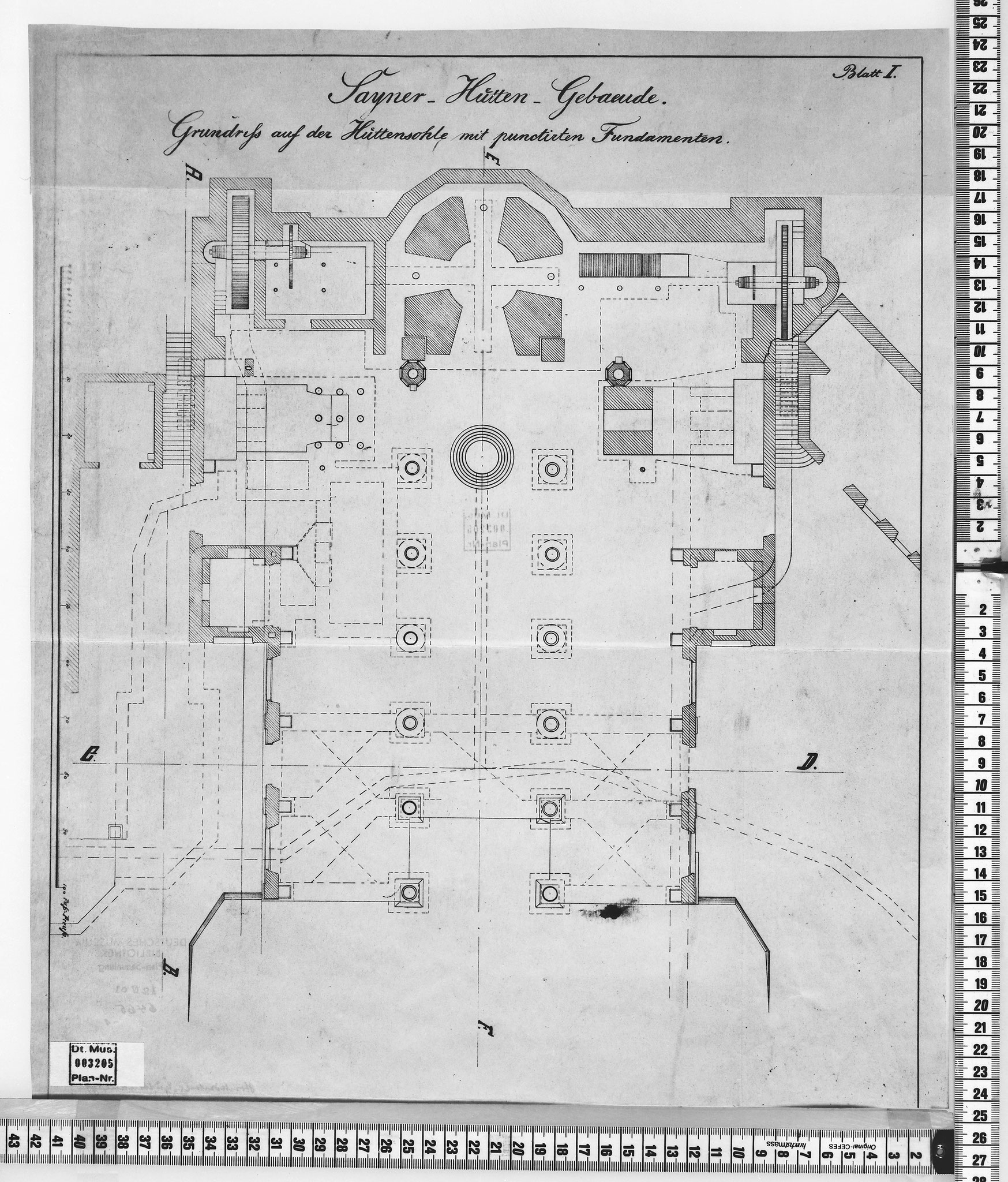 The floor plan of the casting hall with six pairs of columns; around 1832, drawn by Carl Ludwig Althans.  