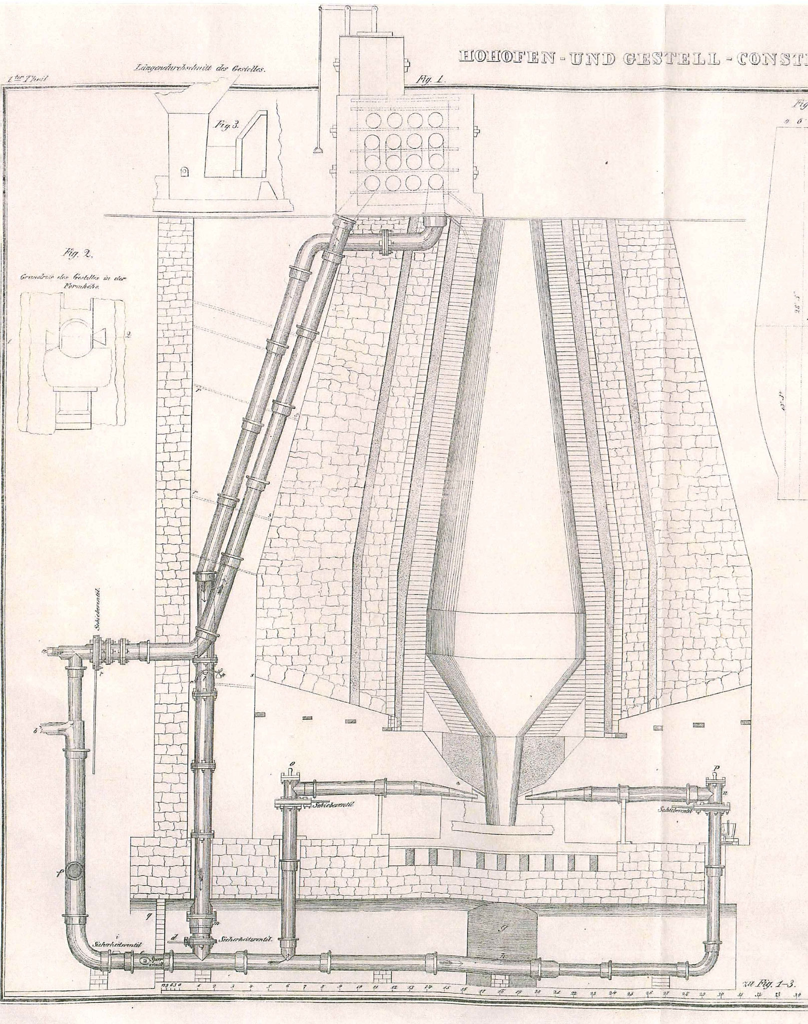 A diagram of the blast furnace with the tubular hot blast stove and a pipe system for blowing air into the  furnace from below.