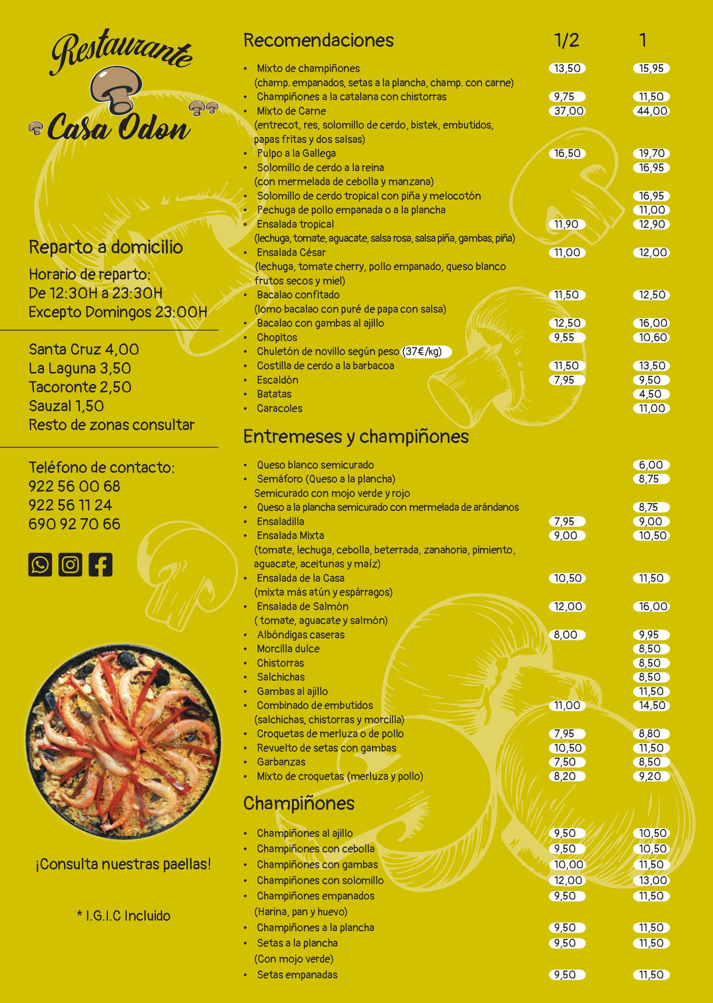 Carta del Restaurante Casa Odón - Página 1.