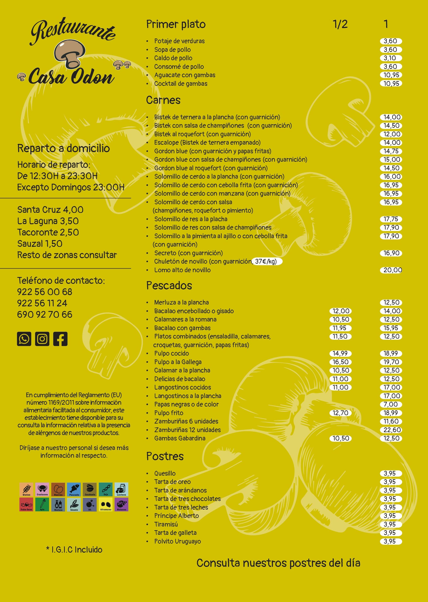 Carta del Restaurante Casa Odón - Página 2.