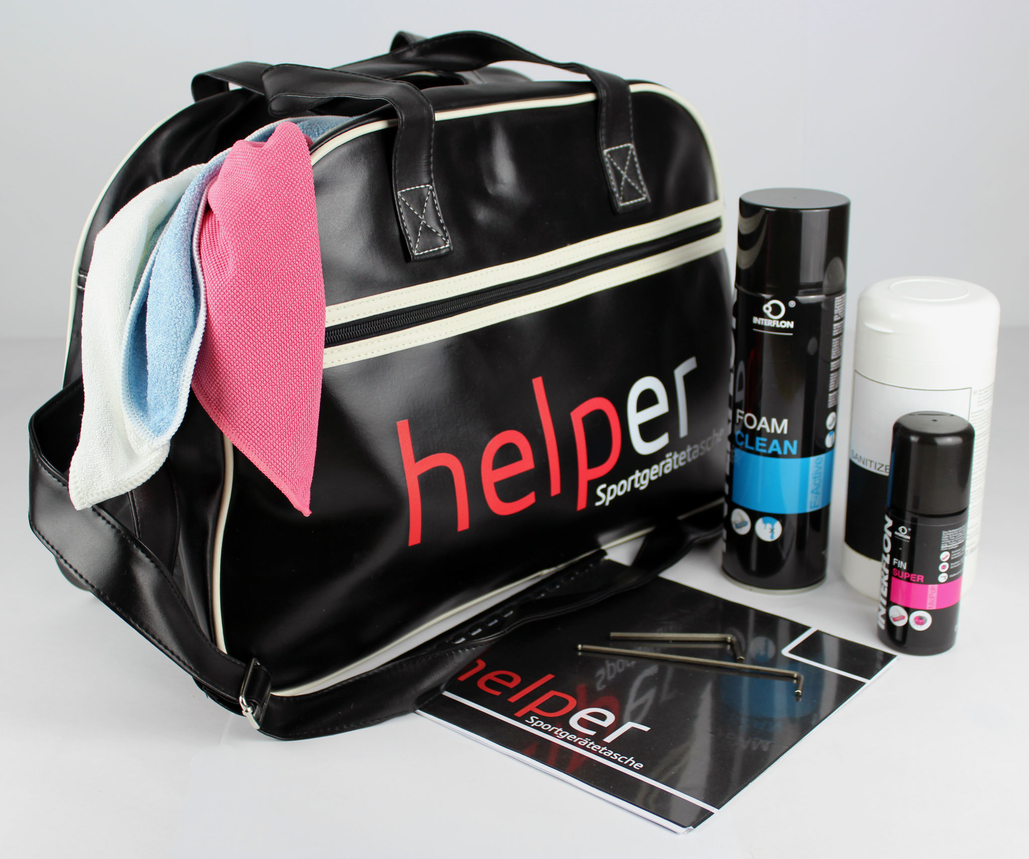 helper Sportgerätetasche  komplettes Pflegeset stylisch verpackt in unserer Retro-Sporttasche