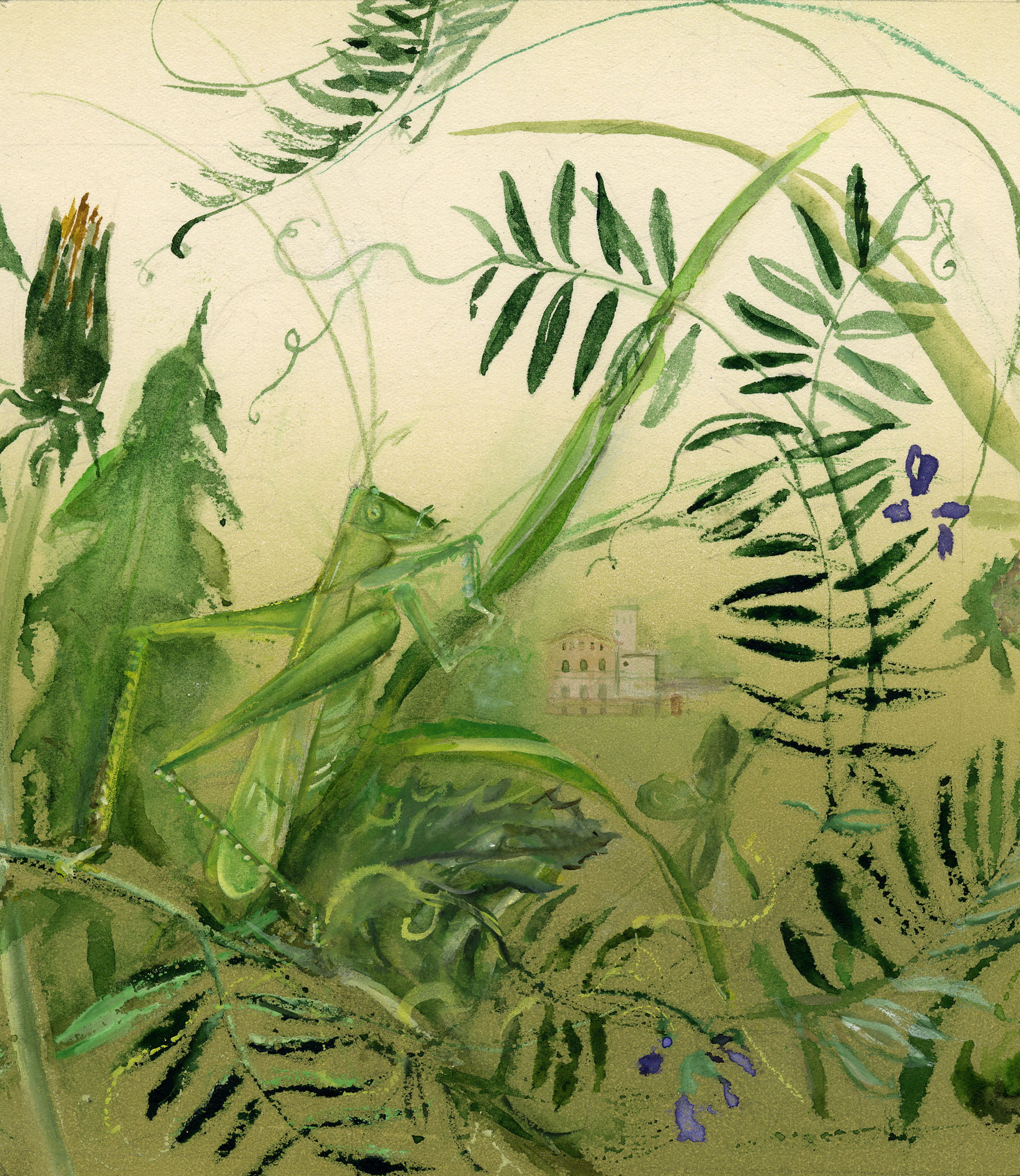 View of Fasanerie from the grass. 1997. Tinted paper, water color, white.