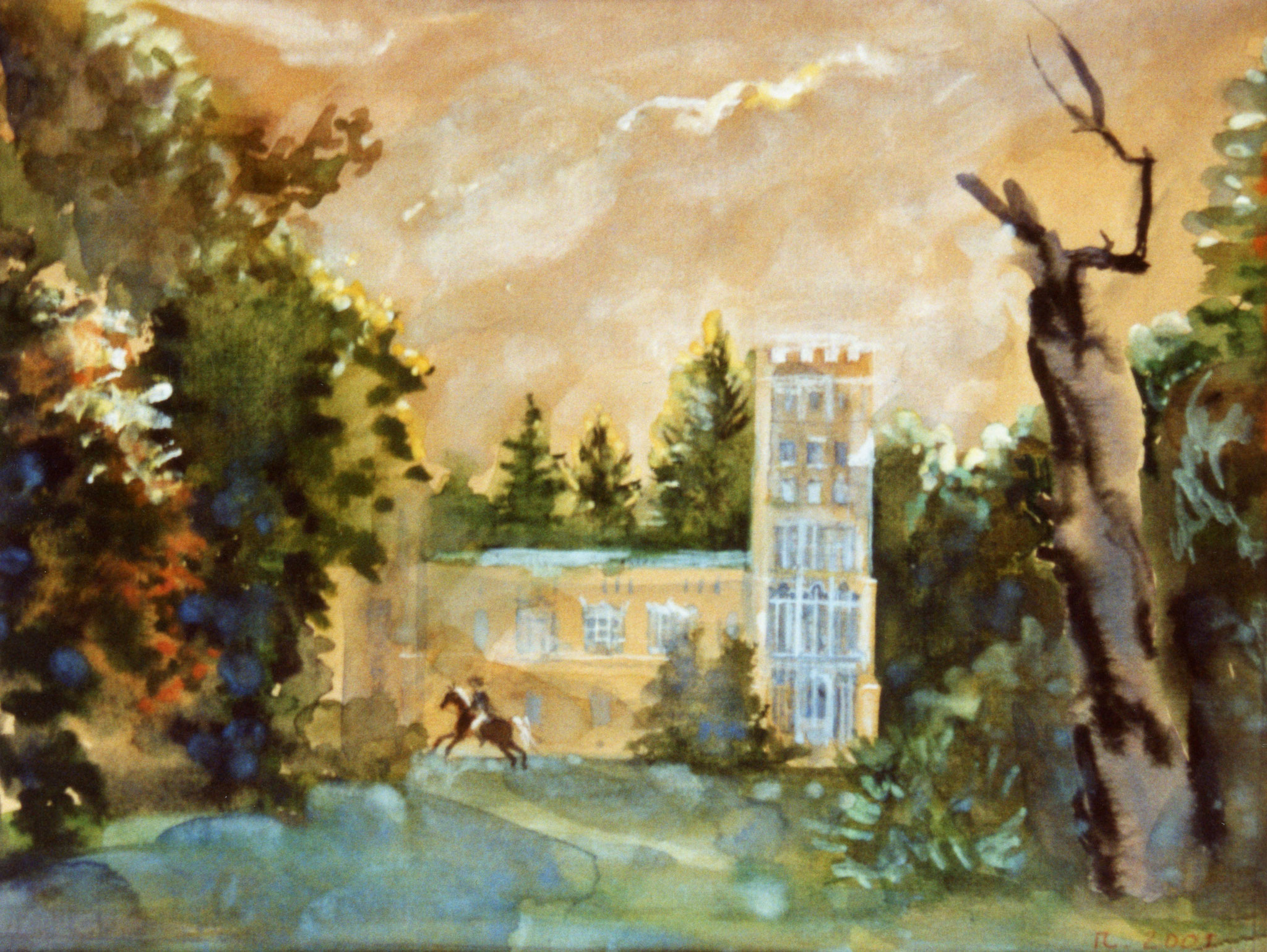 Kavaleriehaus auf der Pfaueninsel. 1997. Getöntes Papier, Aquarell, Deckweiß.
