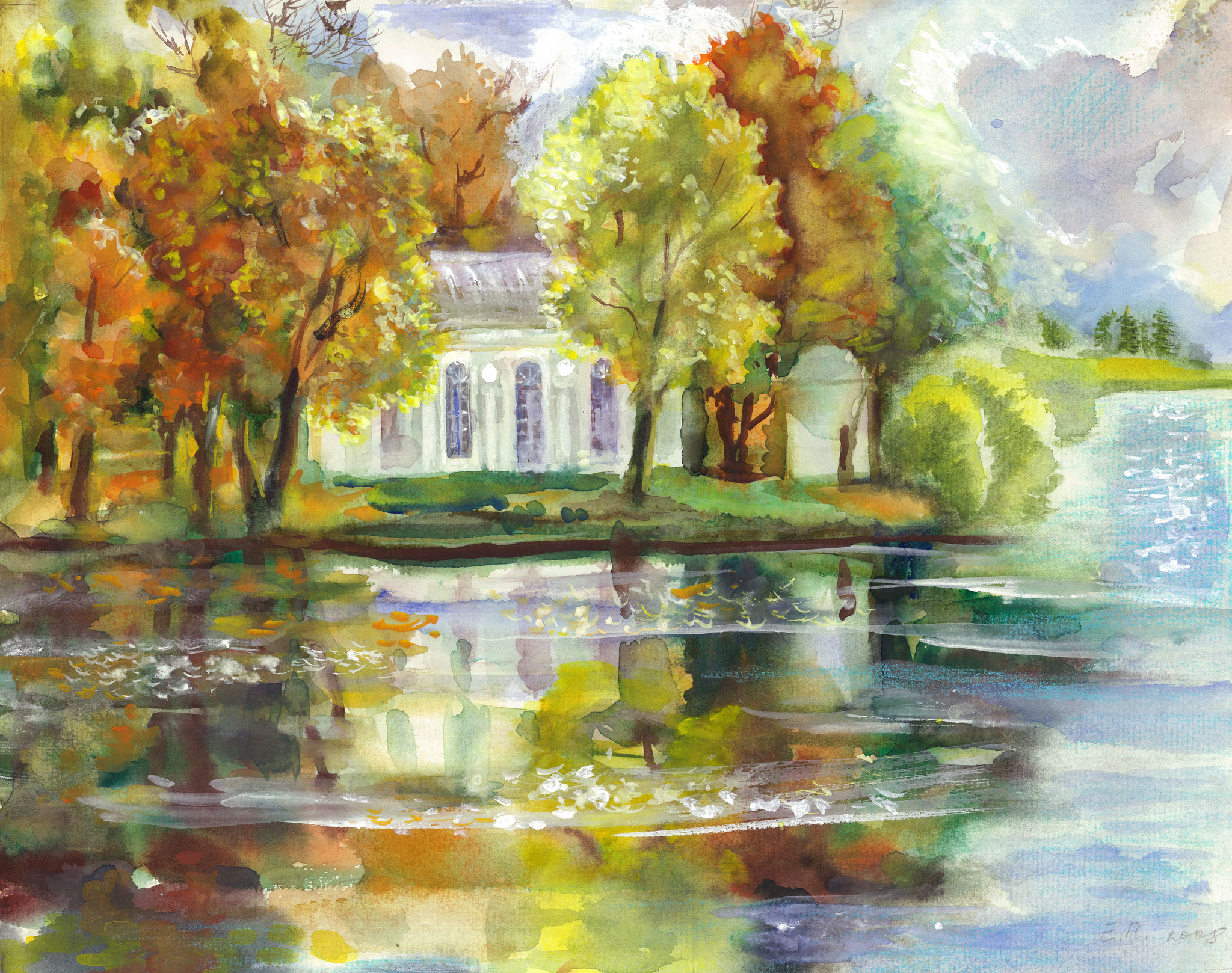 Sunny day in Tsarskoye Selo. View of the Hall on the Island. 2008. Paper, water color, white.