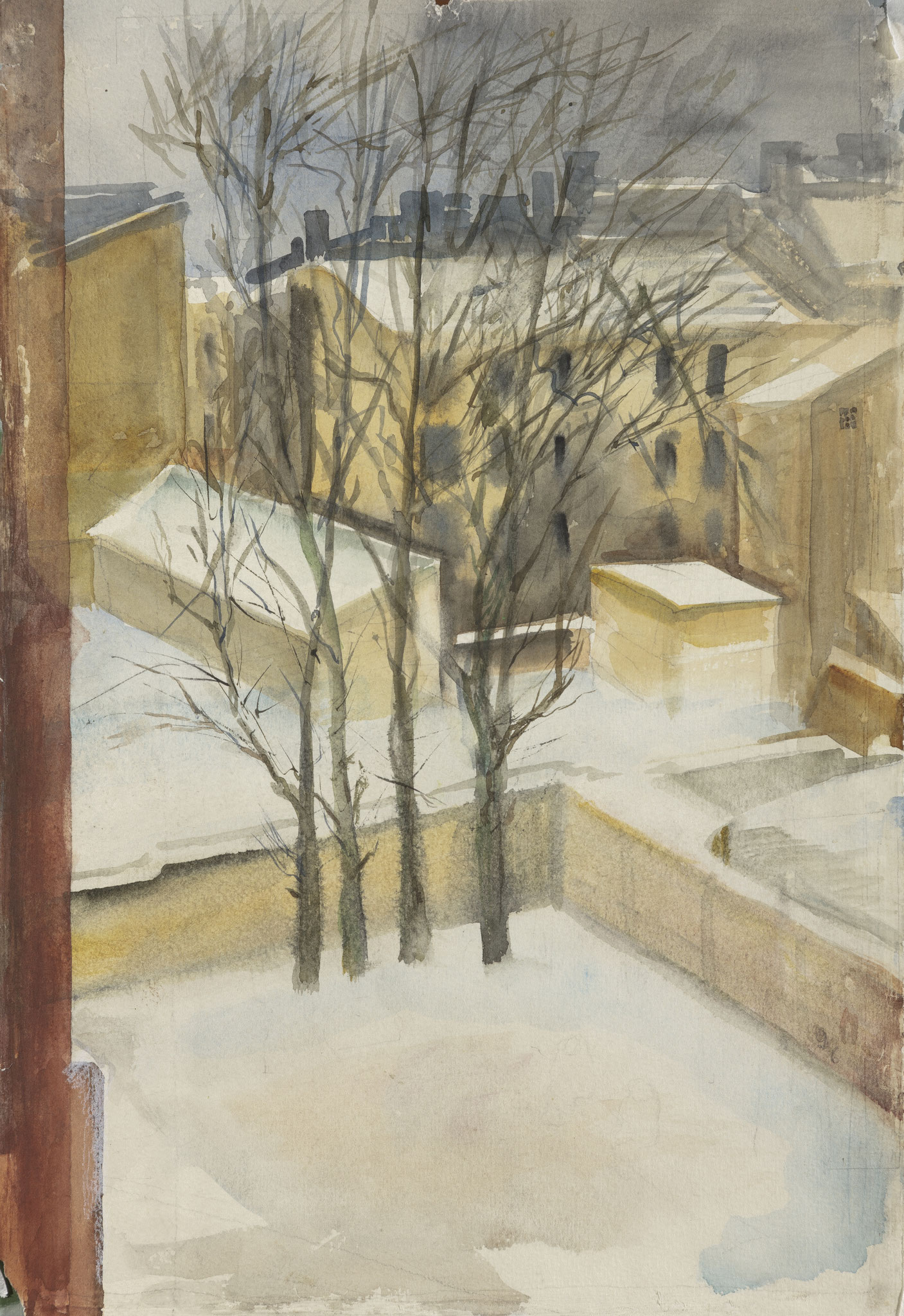 Trees in the ciity yard. 1990. Paper, water color.