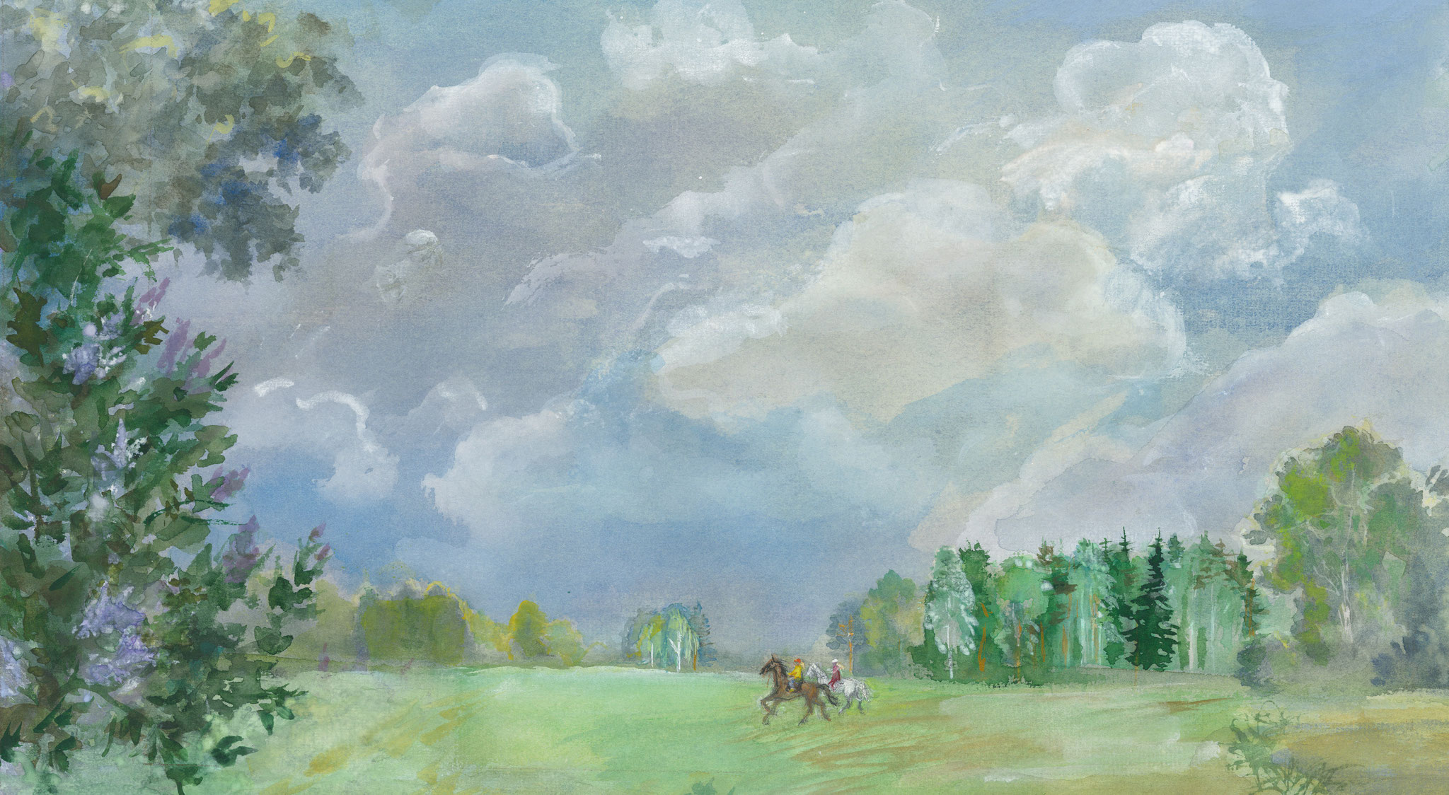 Horse riders in Pavlovsk Park. 2016. Tinted paper, water color, white.