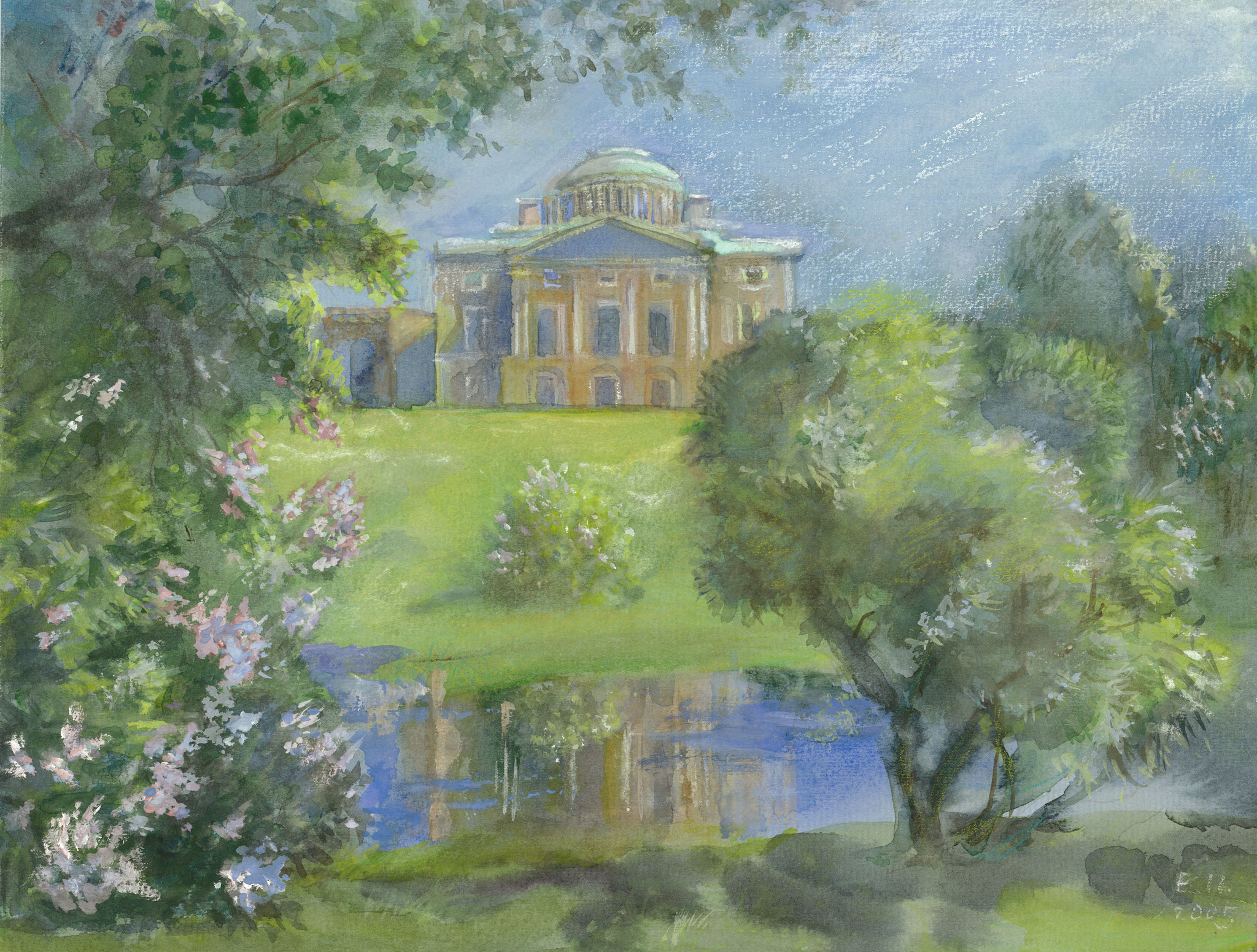 View of the Pavlovsk Palace in June. 2005. Paper, water color.
