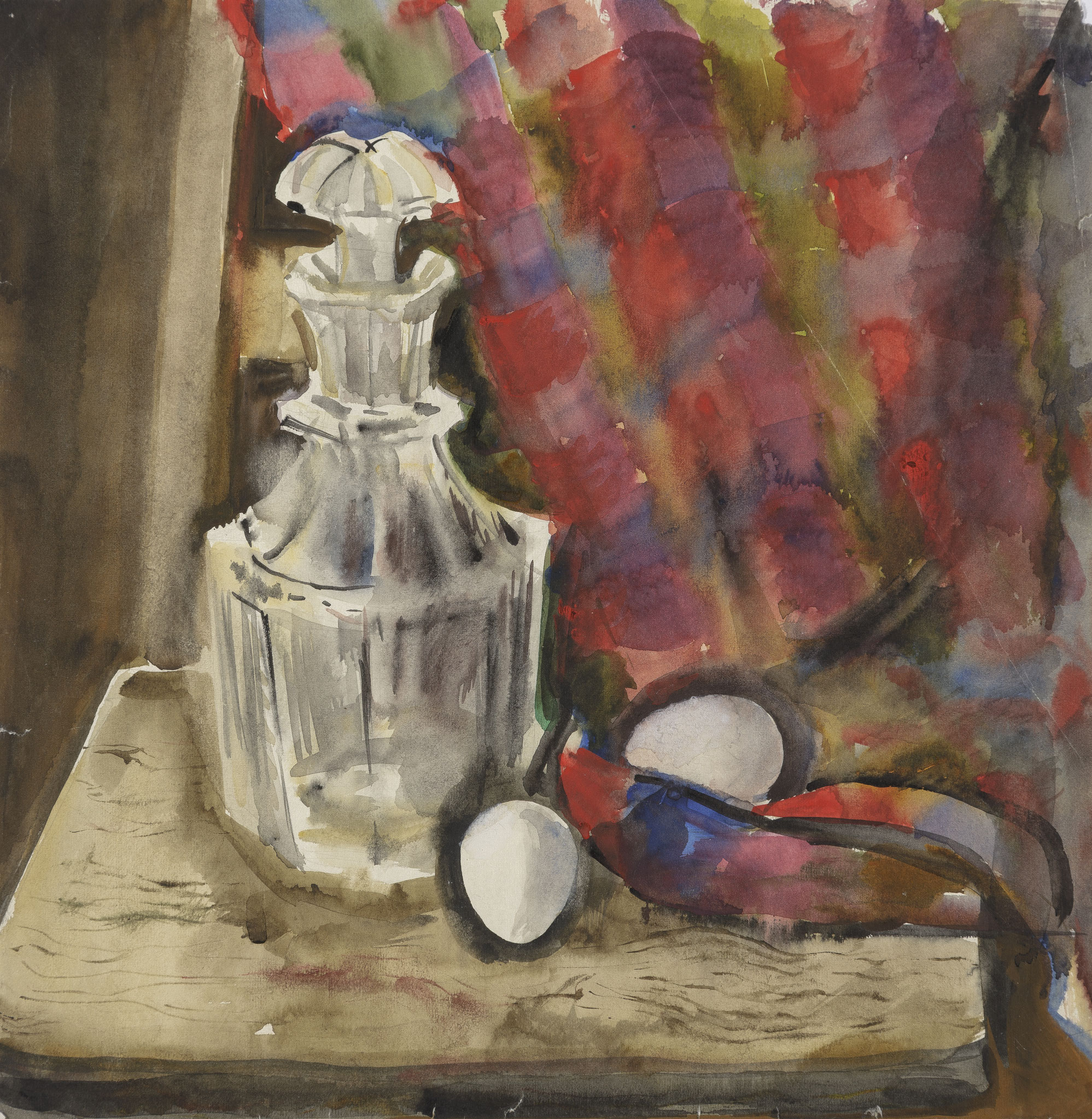 Still life on a chair. 1978. Tinted paper, water color, white.