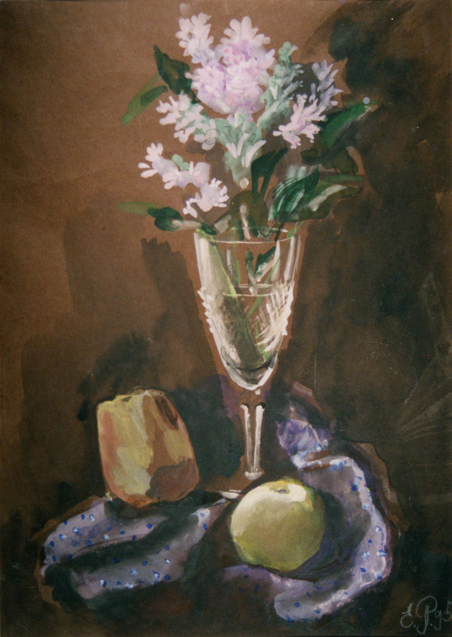 Lilacbunch in a glass. 1995. Tinted paper, water color, white.