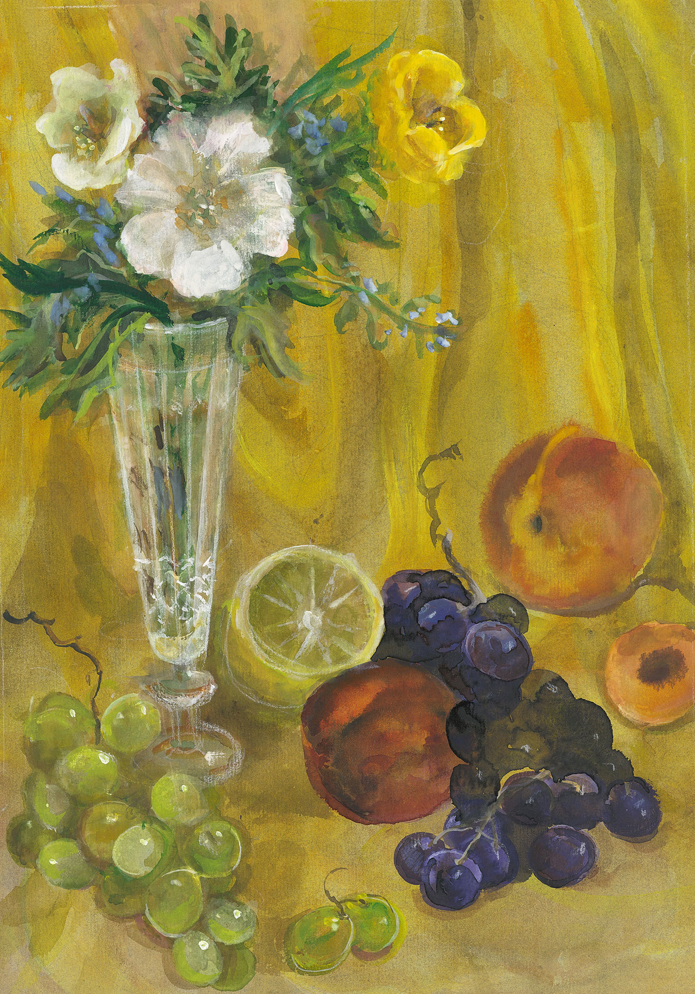 Flowers and Fruits. 2017. Tinted paper, water color, white.