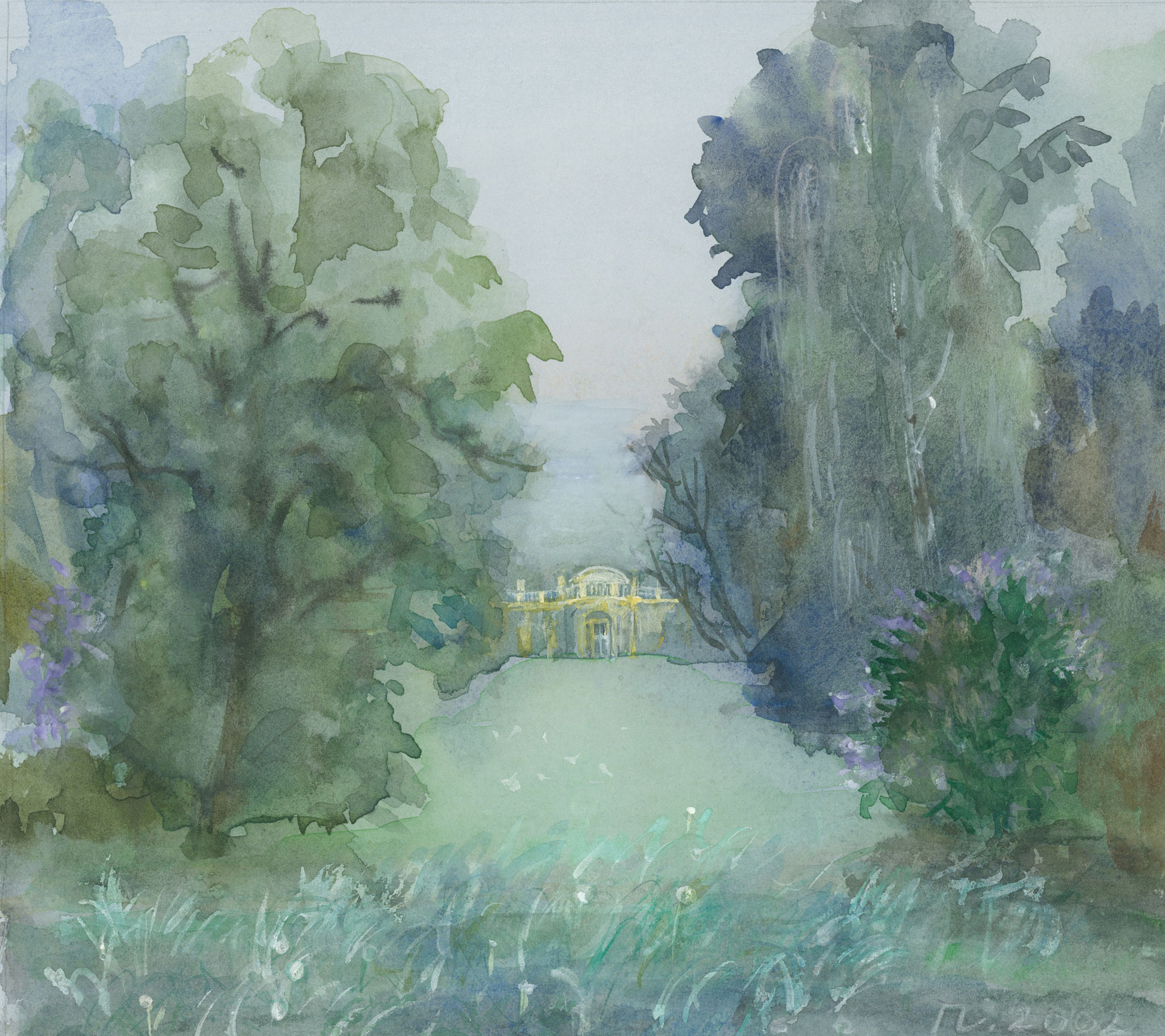 White nights  in Tsarskoye Selo.  View of the Alexander Palace. 2002. Paper, water color, white.