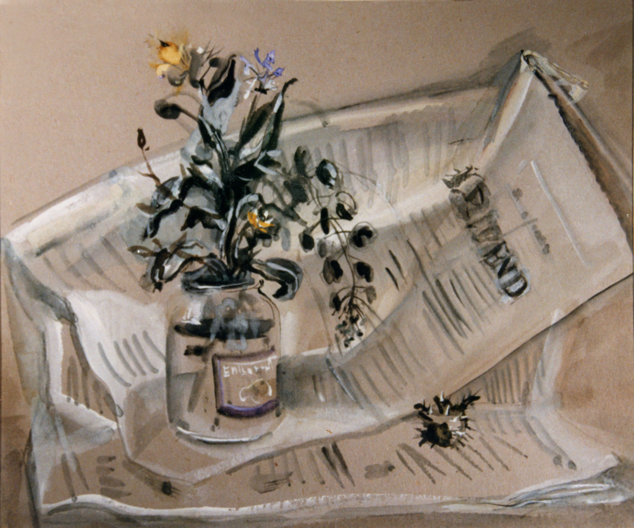 Still life with a news-paper. 1988. Tinted paper, water color, white.