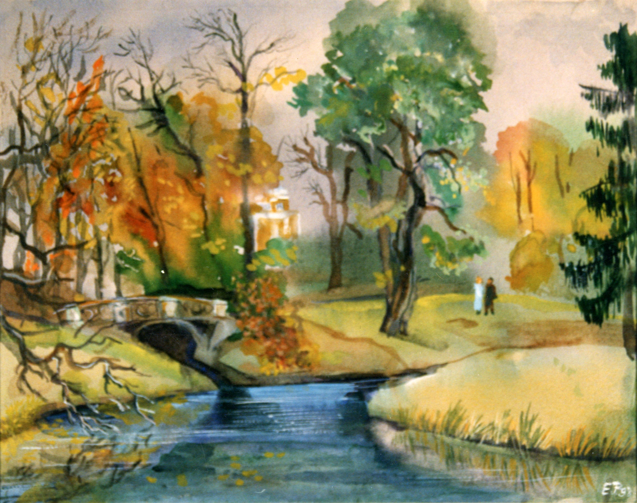 Walk through the  Alexander Park in Tsarskoye Selo.  1997. Tinted paper, water color, white.