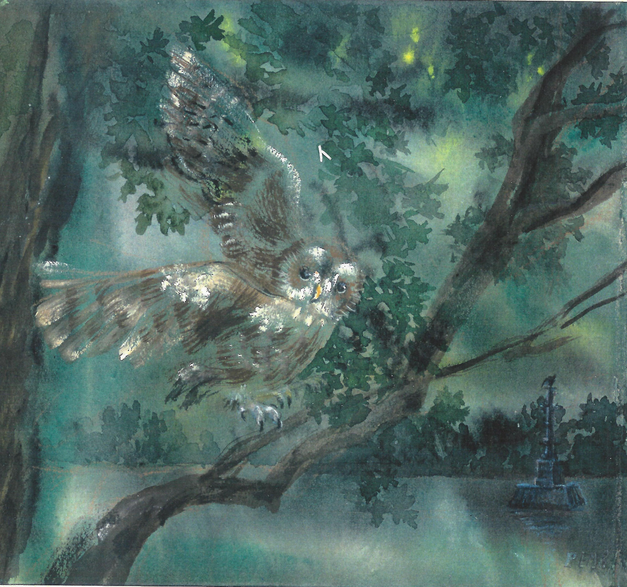 Eule. 1998. Getöntes Papier, Aquarell.