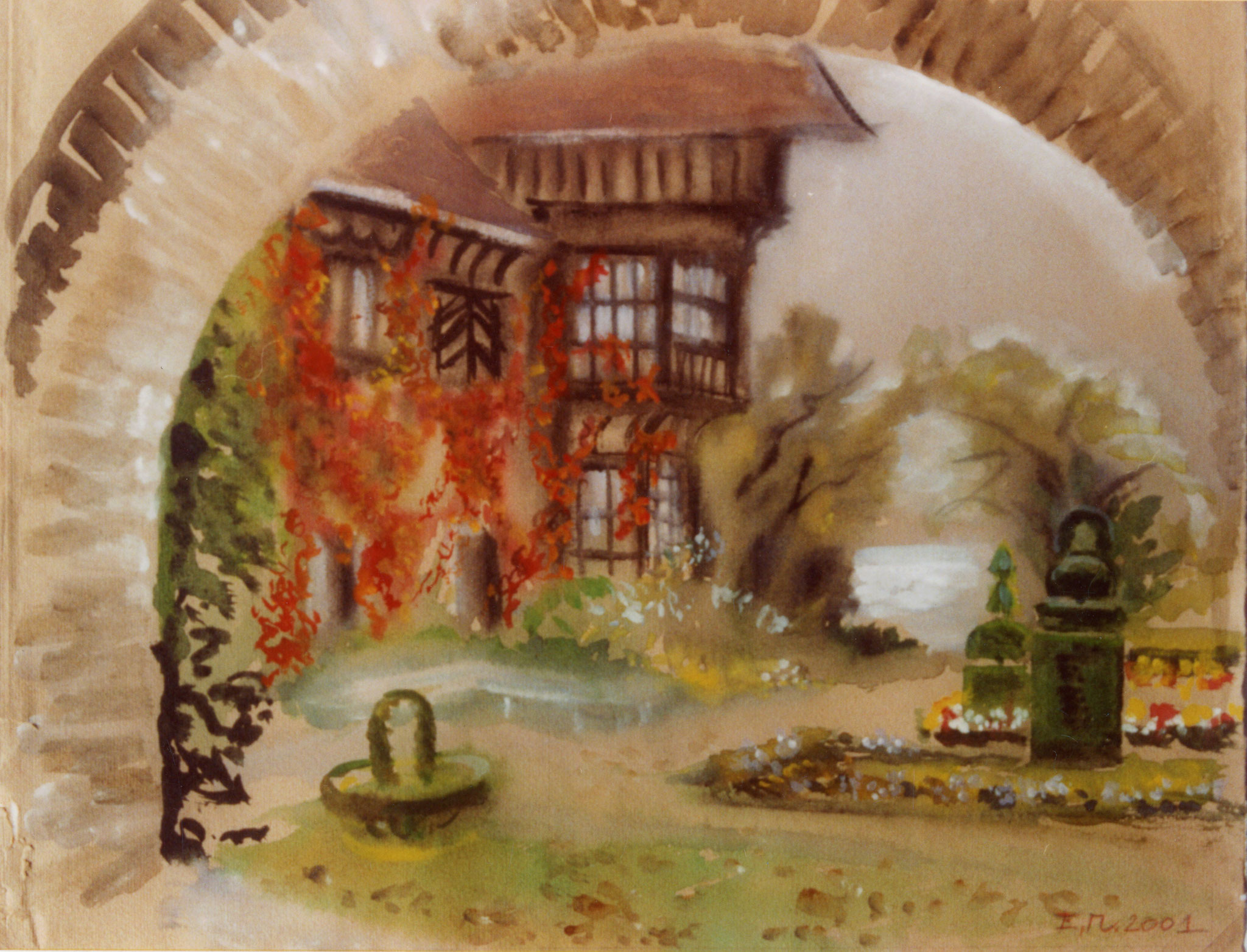 Rain in Cecilienhof. 2001. Tinted paper, water color, white.