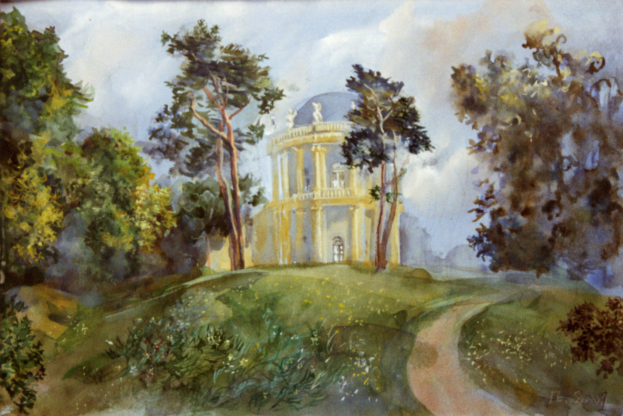 Blick zum Belvedere auf dem Klausberg. 2002. Getöntes Papier, Aquarell, Deckweiß.