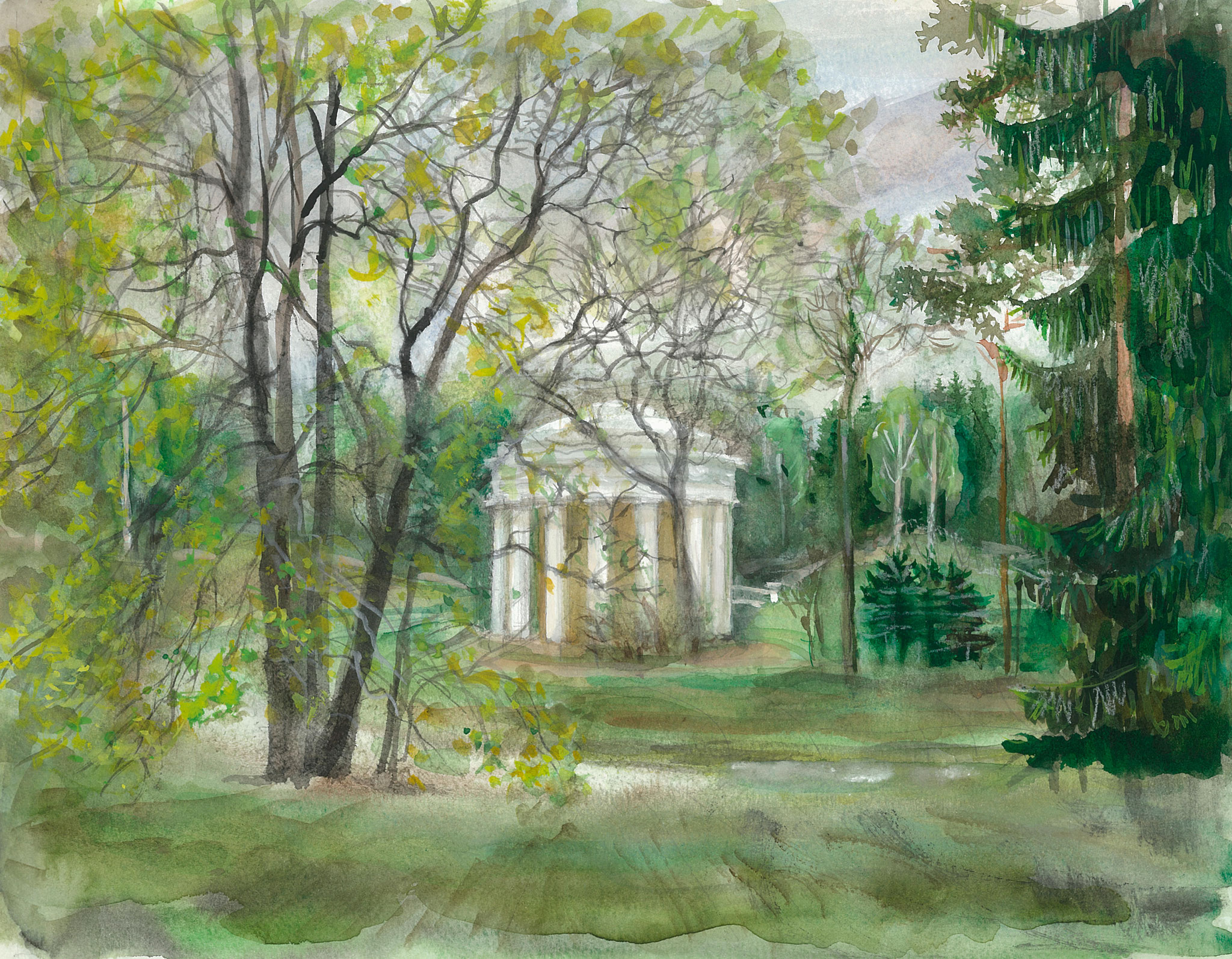 Temple of Friendship in Pavlovsk Park. 2017. Paper, water color, white.