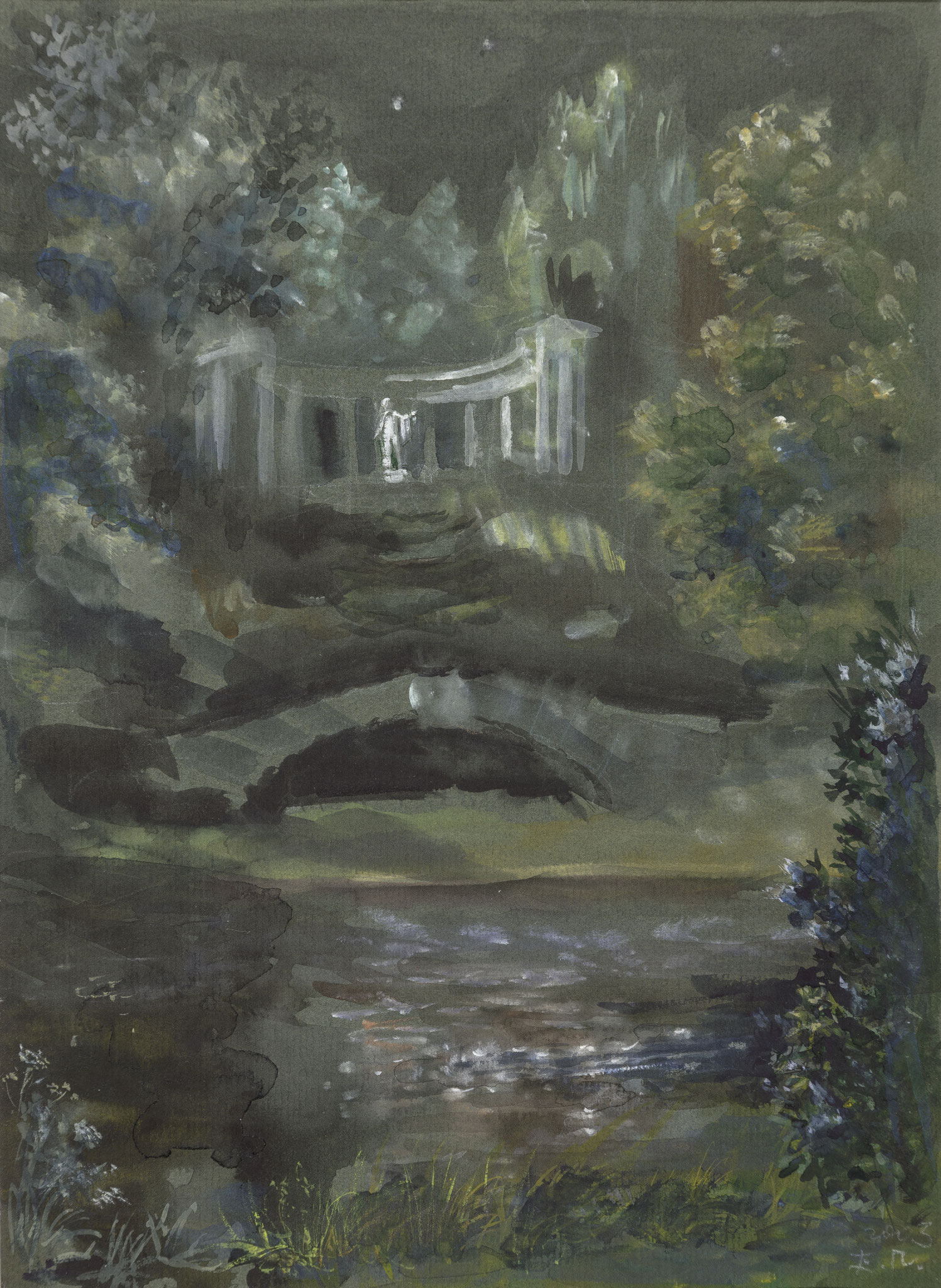 View of the Apoll Colonnade in Pavlovsk by summer night. 2005. Tinted paper, water color, white.