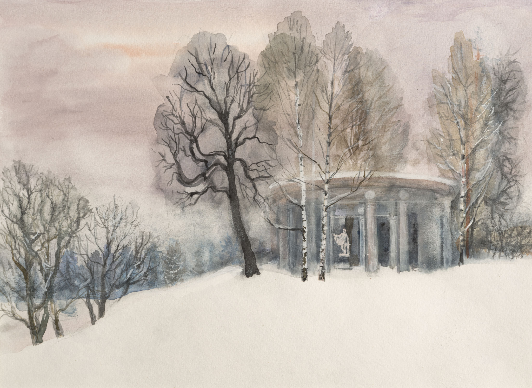 Apoll Colonnade in Pavlovsk. January. 2008. Paper, water color.