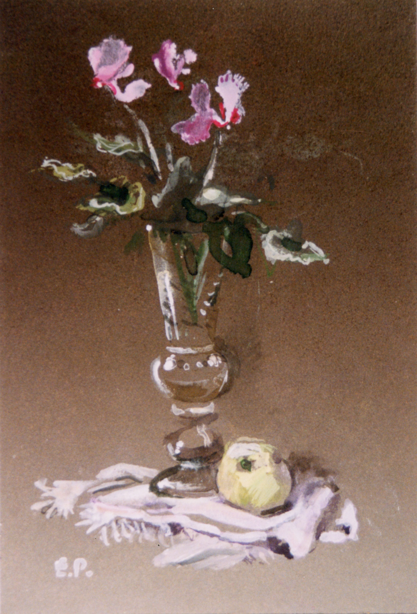 Cyclamen und Apple. 1992.  Tinted paper, water color, white.