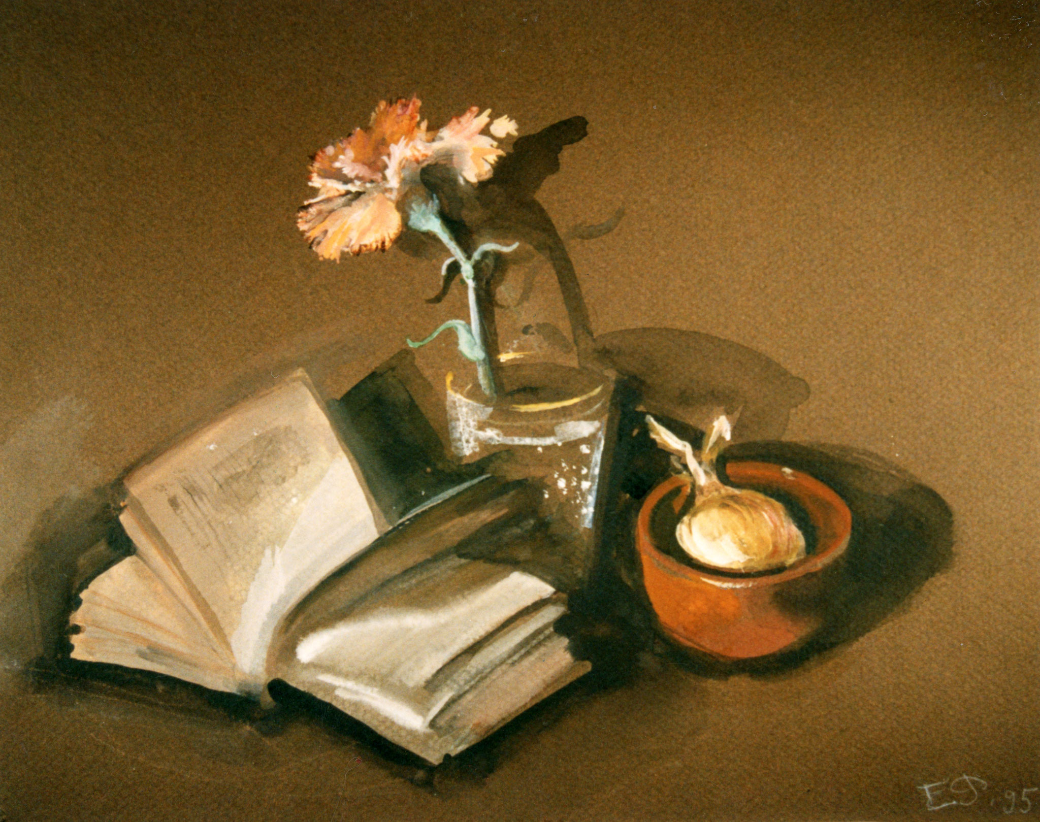 Still life with a book and onion. 1995.  Tinted paper, water color, white.