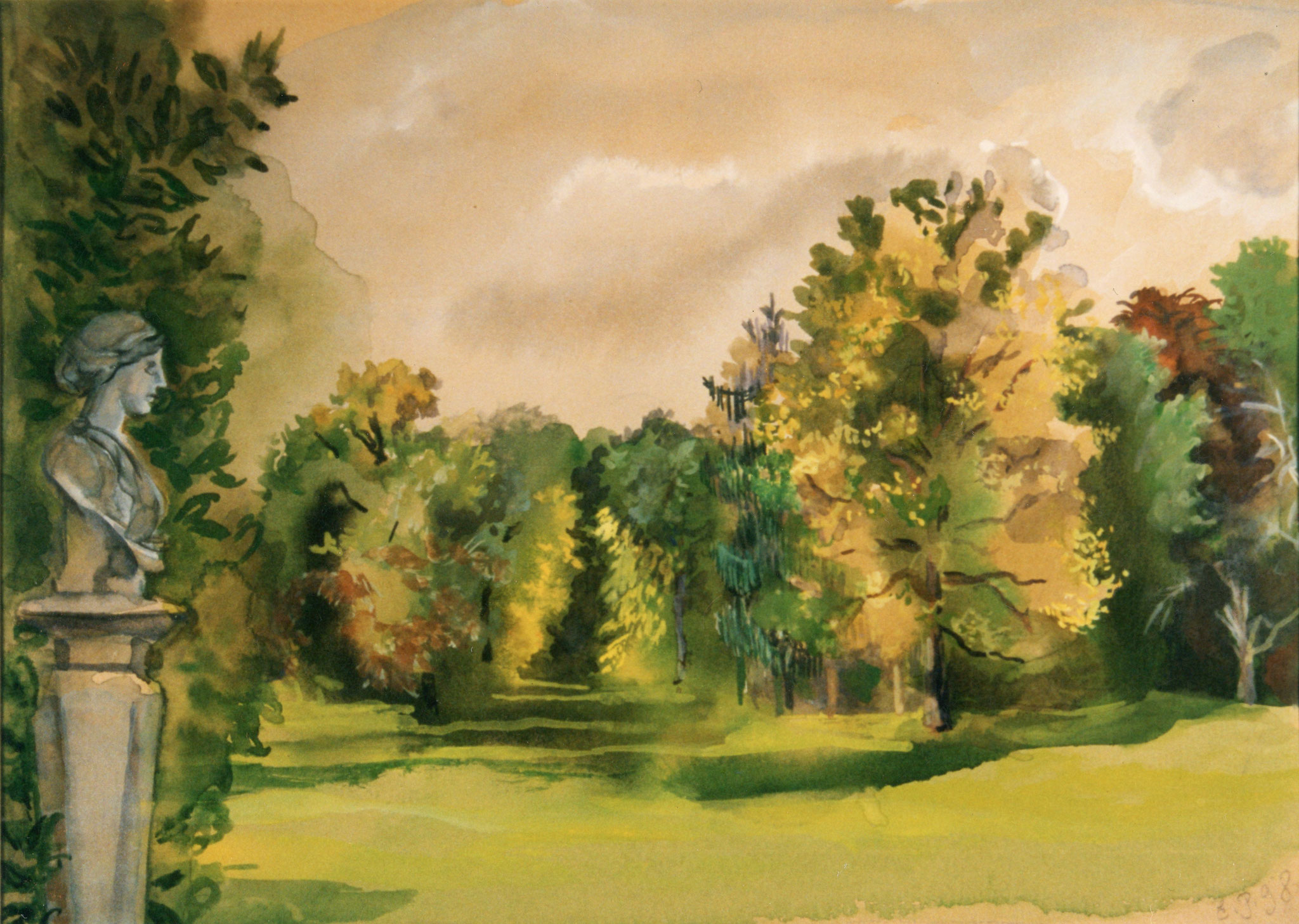 Blick vom Neuen Palais. 1998. Getöntes Papier, Aquarell, Deckweiß.