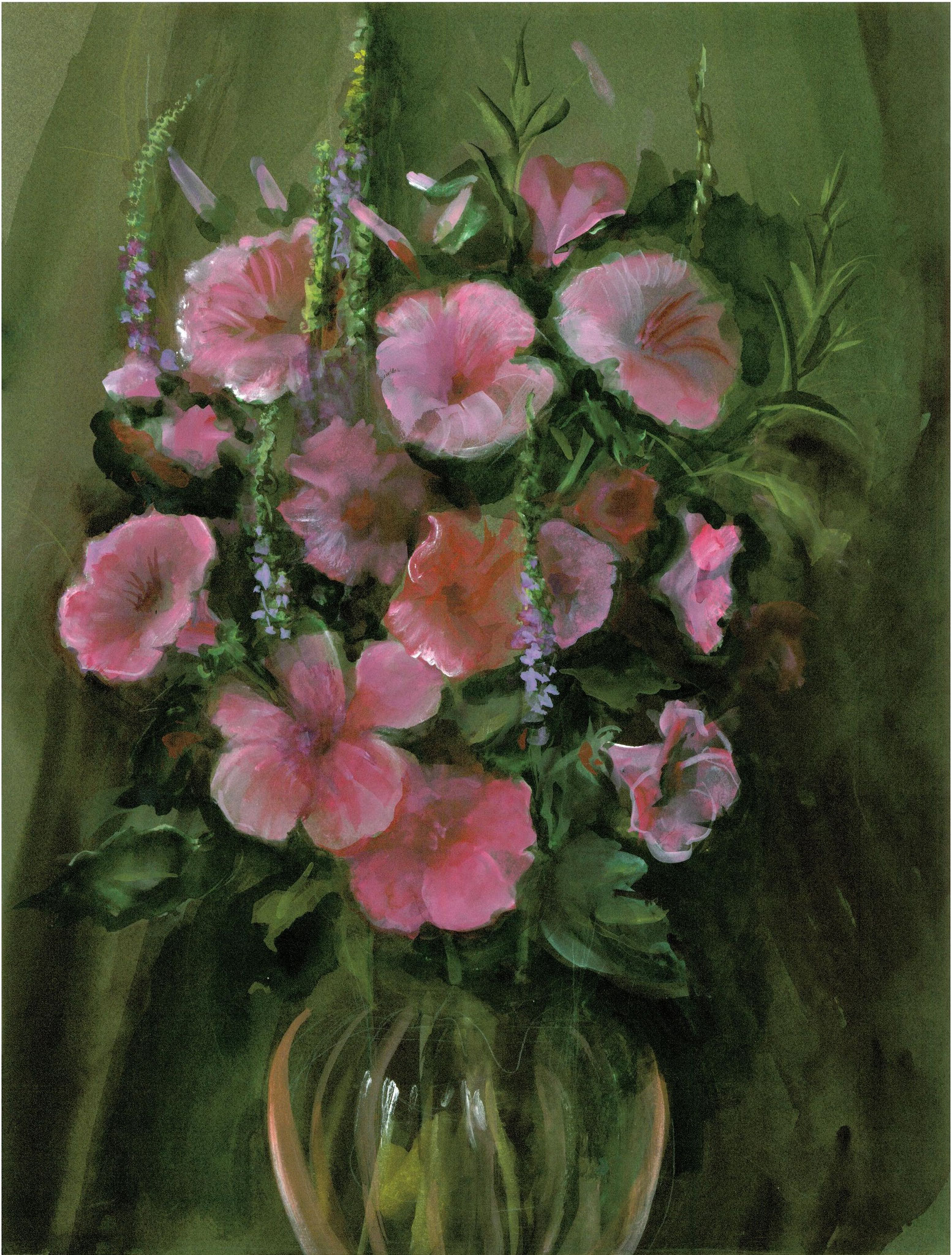 Flowers in a vase. 2017. Tinted paper, water color, white.