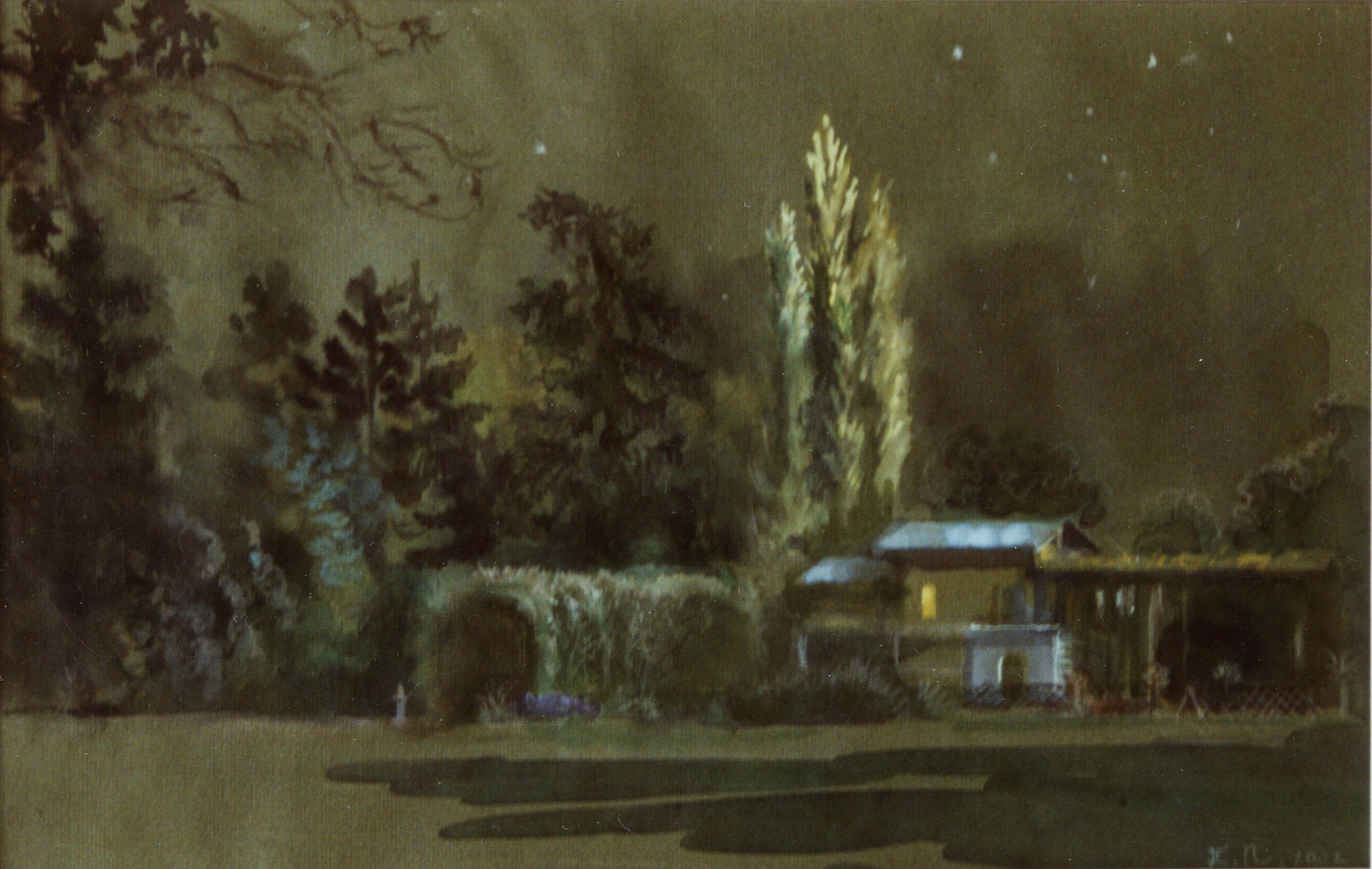 Roman Baths in the night. 1998. Tinted paper, water color, white.