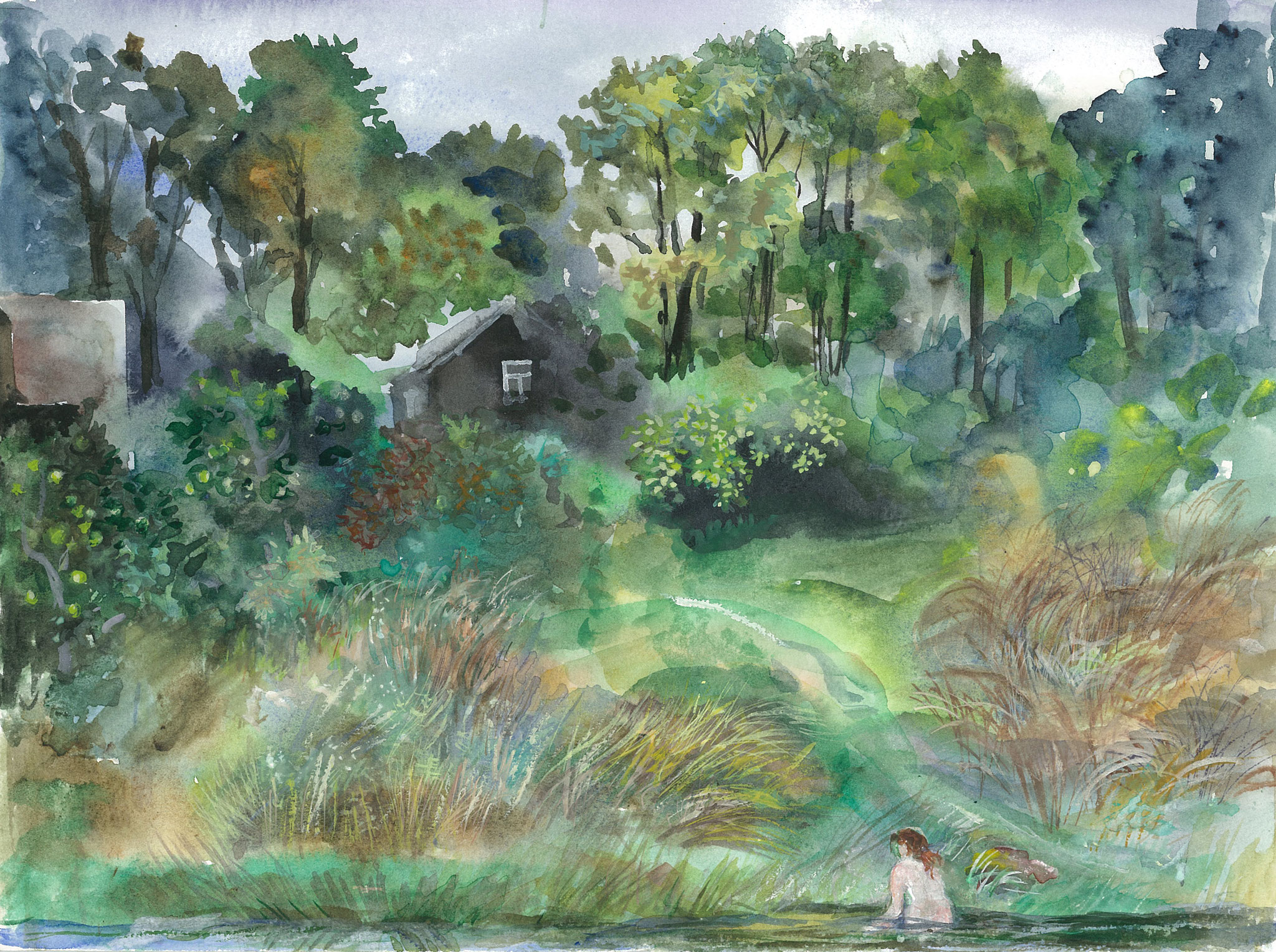 Bach im Dorf. 2016. Papier, Aquarell.