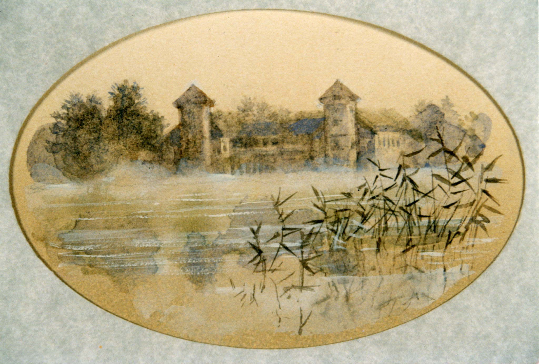Rheinsberg by fog.  1998. Tinted paper, water color, white.