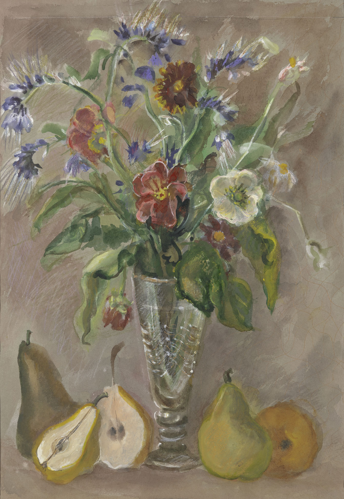 Flowers and Pears. 2006. Tinted paper, water color, white.