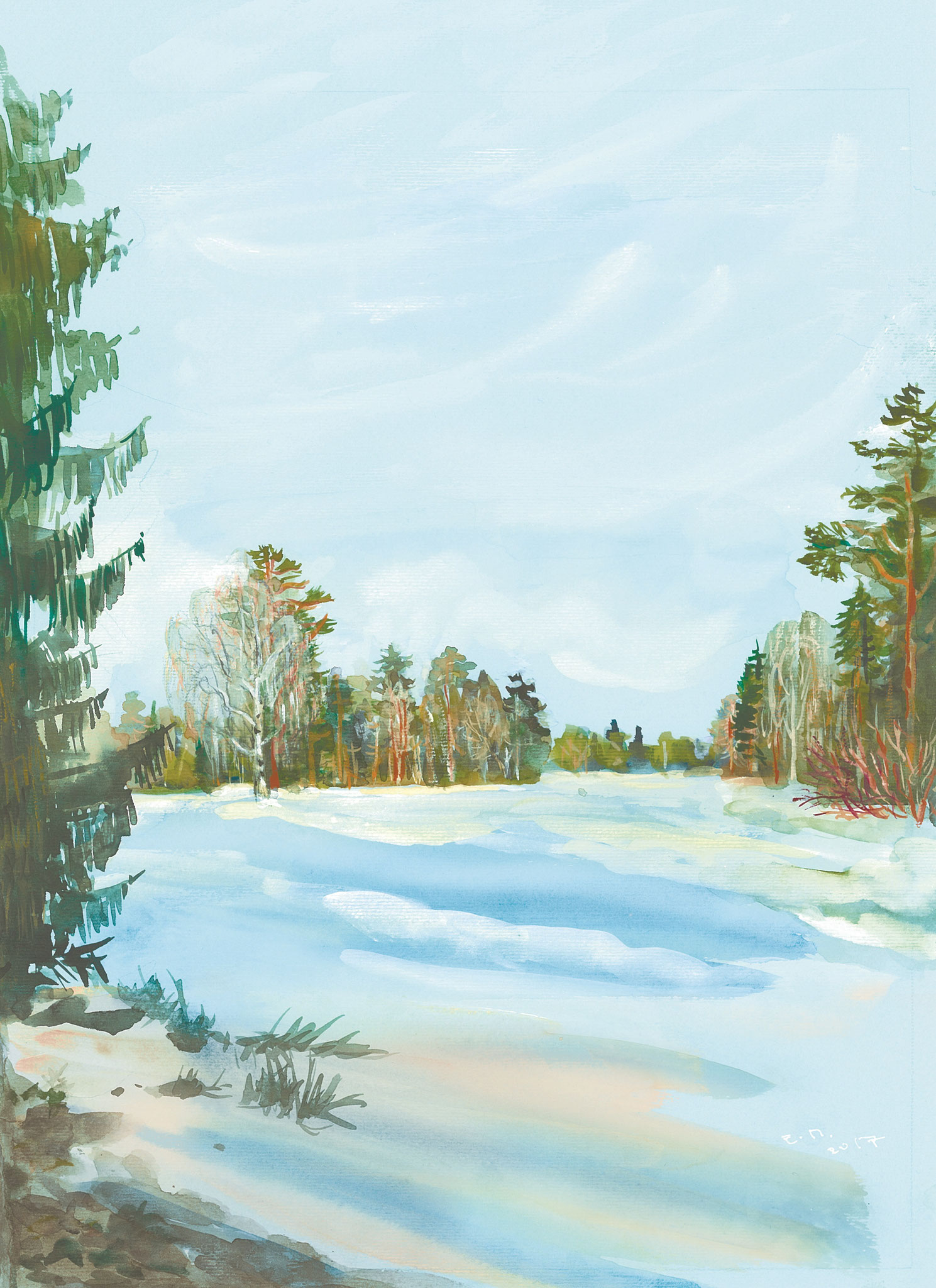 Beginning of spring in Pavlovsk. 2017. Paper, water color, white.