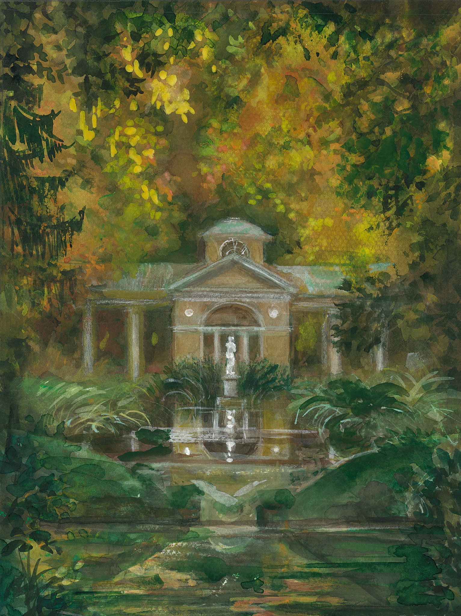 Voliere in Pavlovsk Park. 2017. Tinted paper, water color, white.