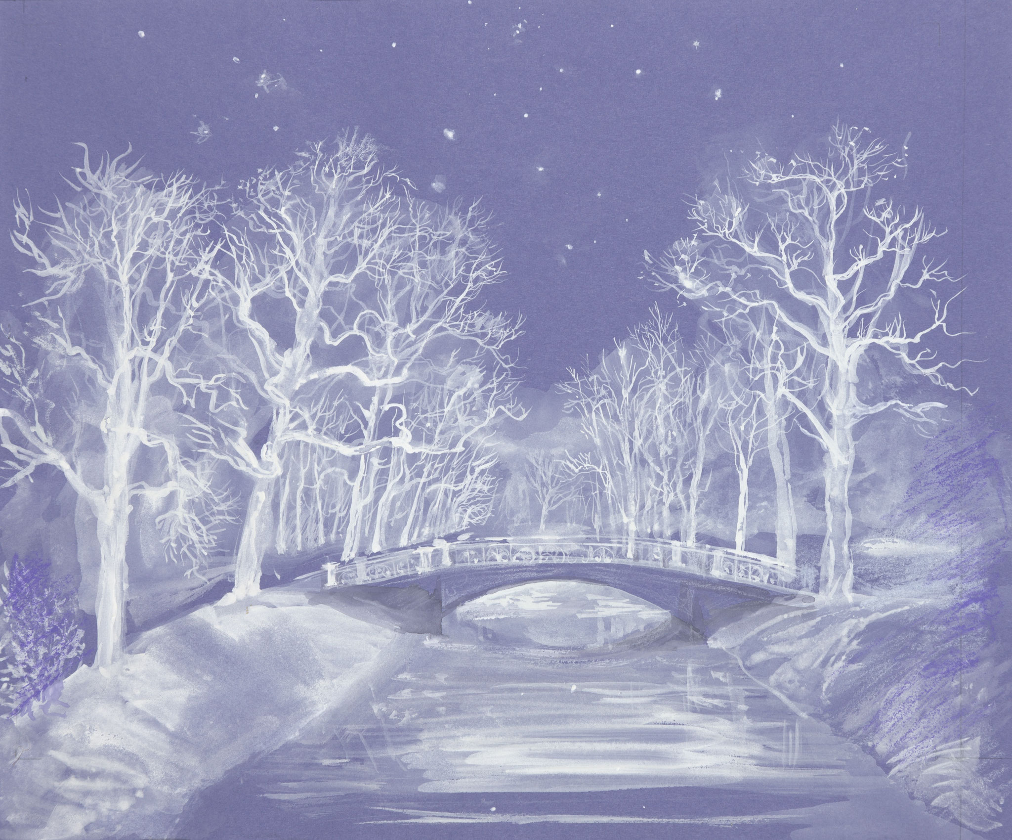 Alexander Park in Tsarskoye Selo in December. 2007. Tinted paper, water color, white.