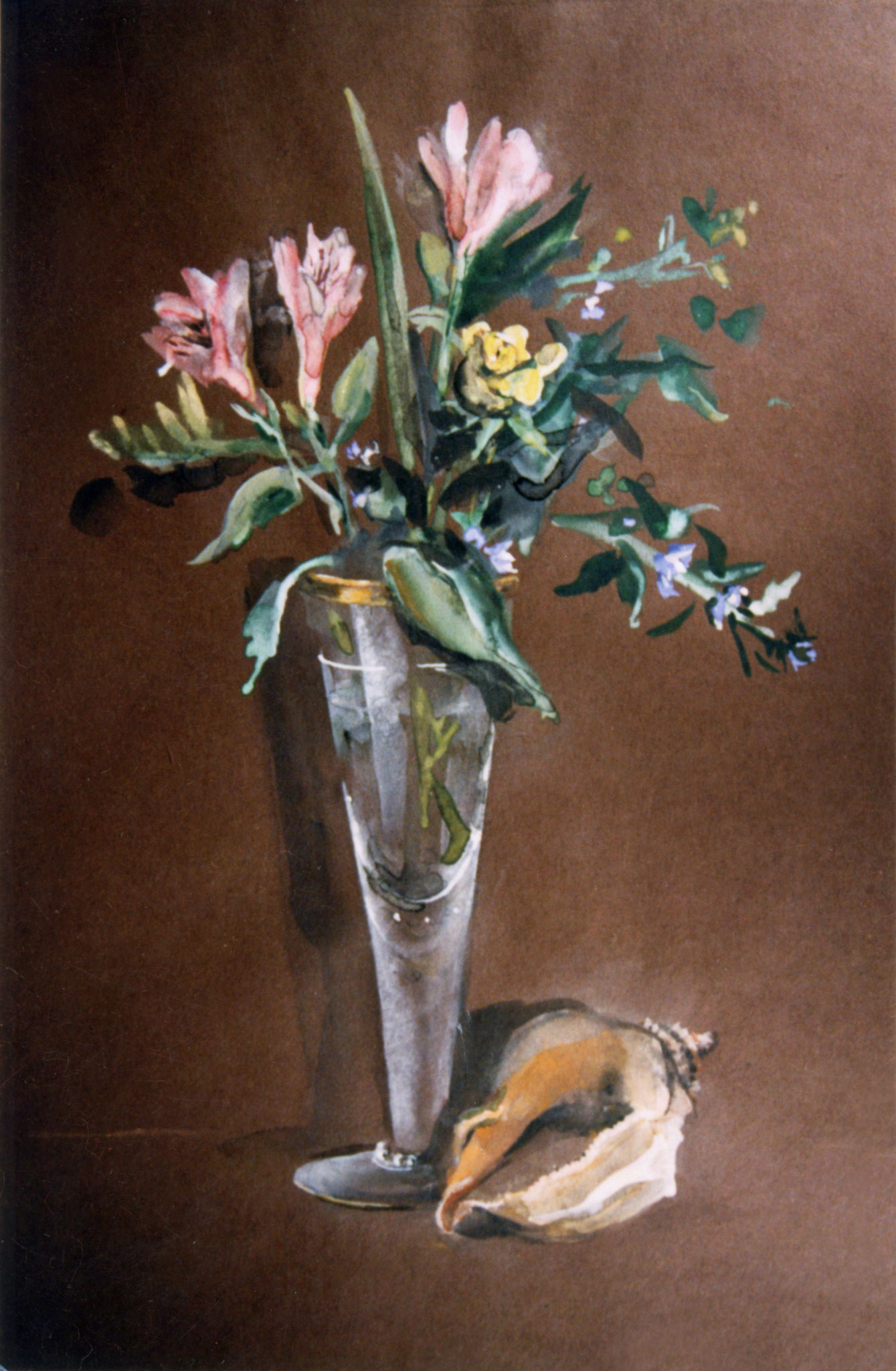 Still life with a shell. 1997. Tinted paper, water color, white.